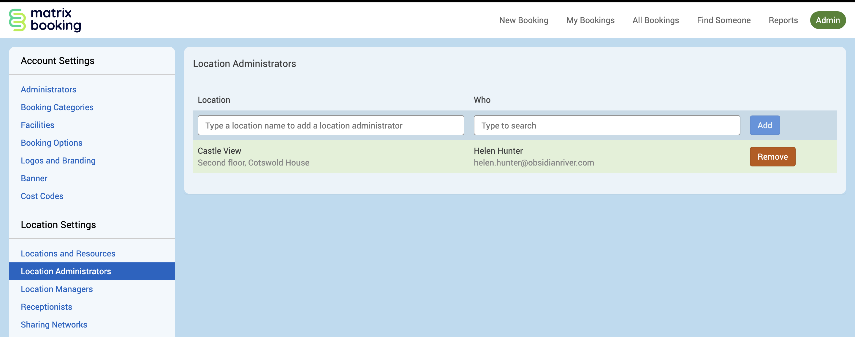 The Location administrators screen with an example location and location administrator entry