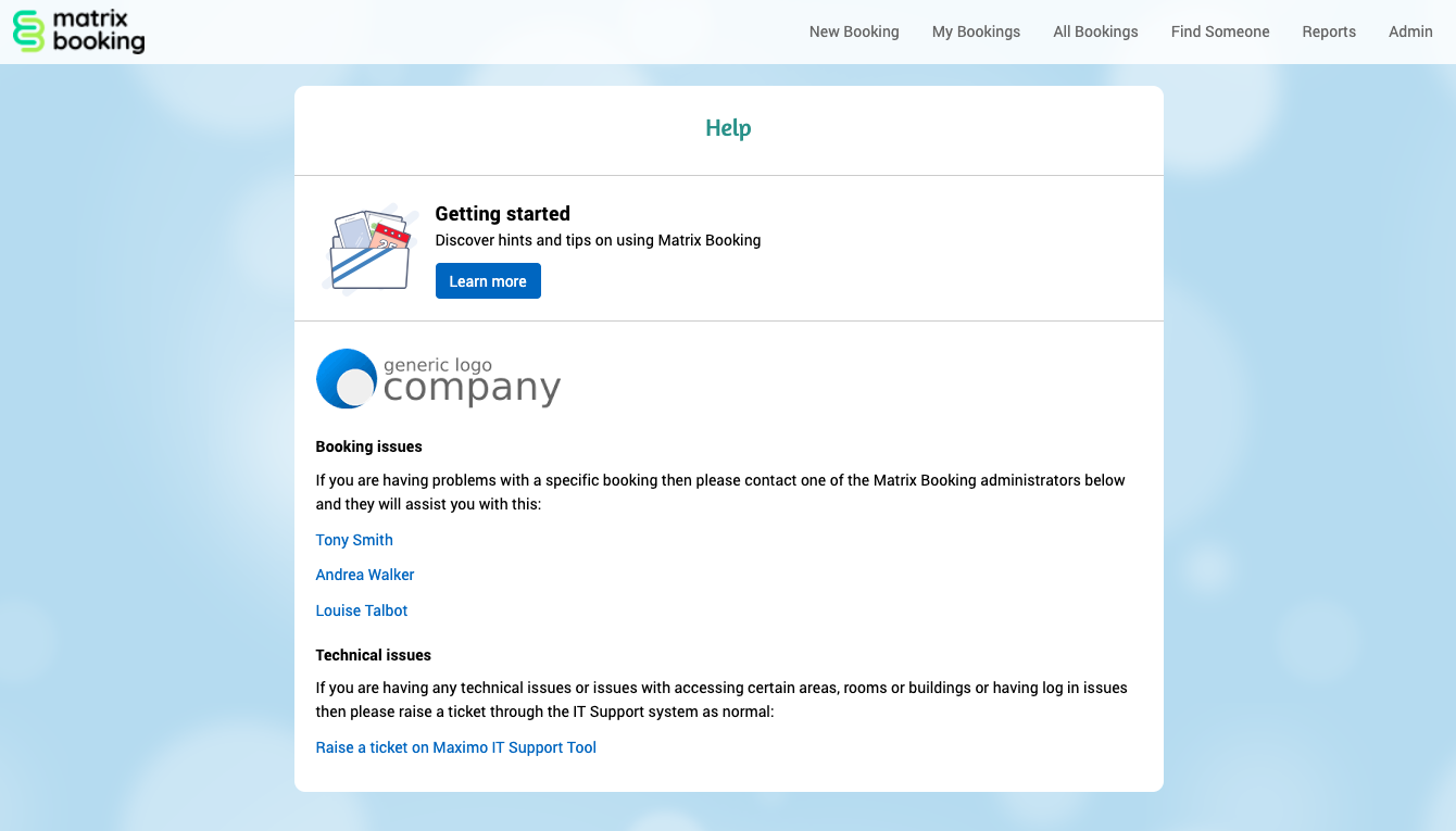 The help section with the booking issues and technical issues section provided