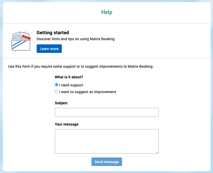 The standard help option that can send a simple message to the administrator with an e-learning module above