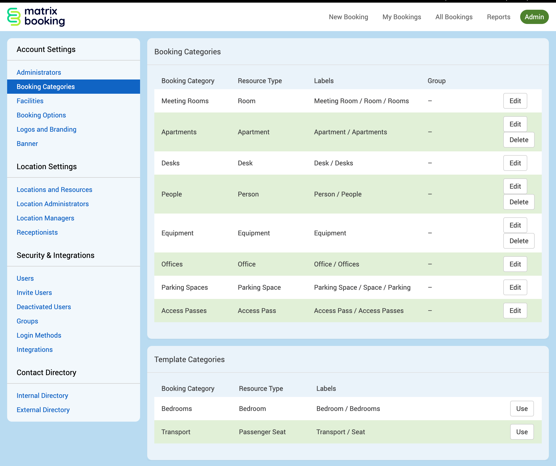 Booking categories screen with the different categories available, such as meeting rooms, desks, parking spaces, and access passes.