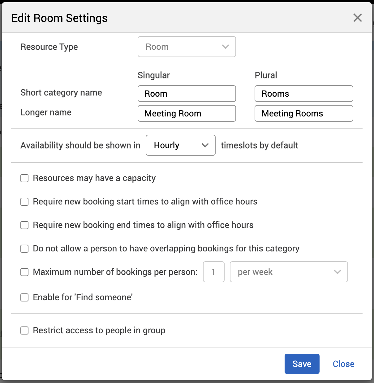Edit booking category pop-up that has editable fields, such as short name, long name, and resources may have a capacity