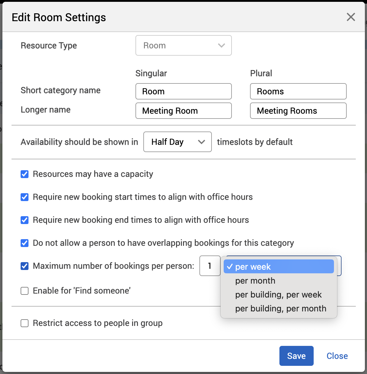 Per time slot drop-down list with per week, per month, per building per week, and per building per month