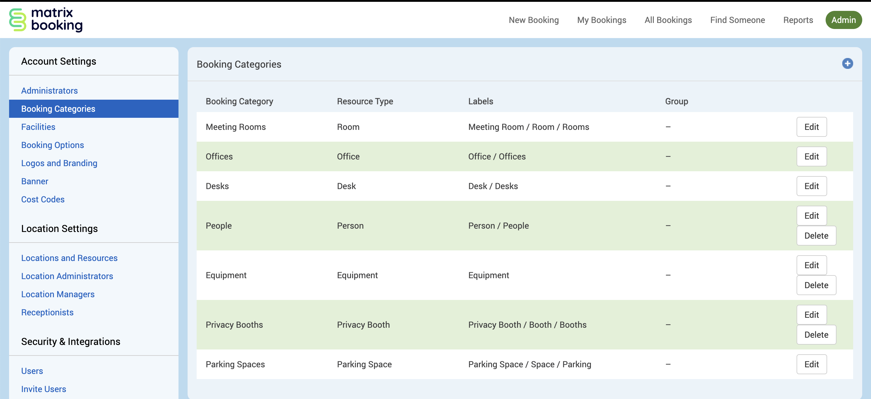 Booking categories section with the Edit button highlighted next to each booking category