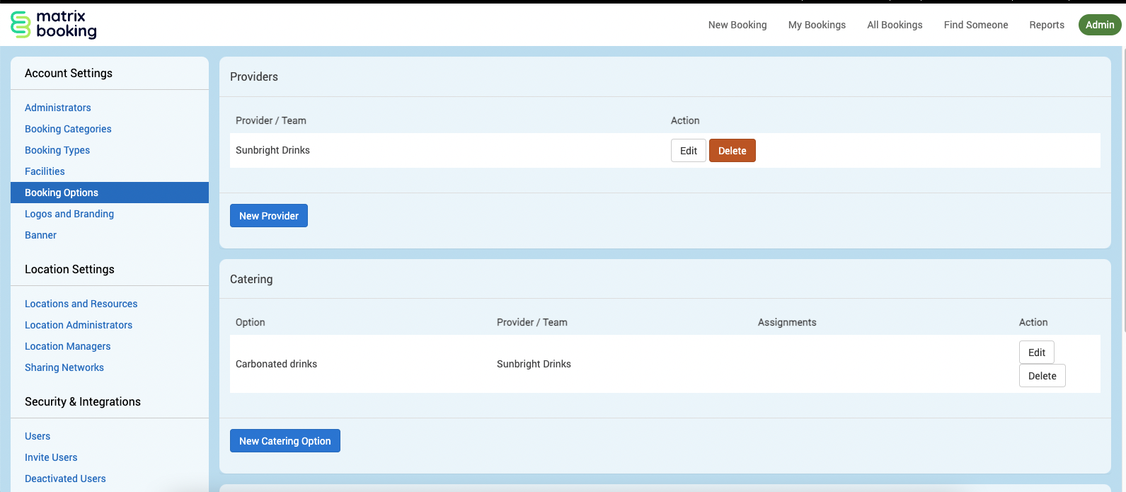 Booking options screen with 