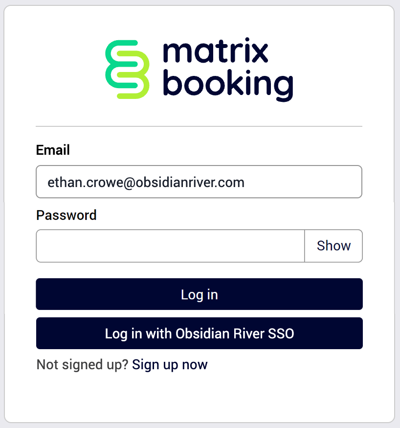 The Matrix Booking manual and SSO login screen with the password text box and the the Log in with SSO button
