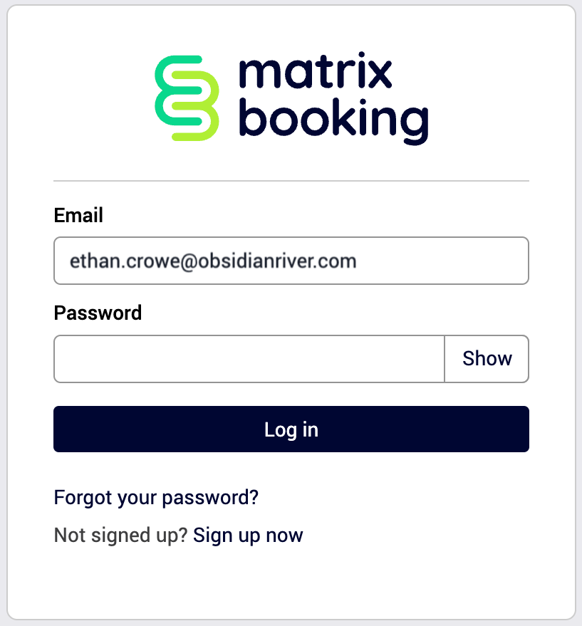 Manual The Matrix Booking login screen with the password text box