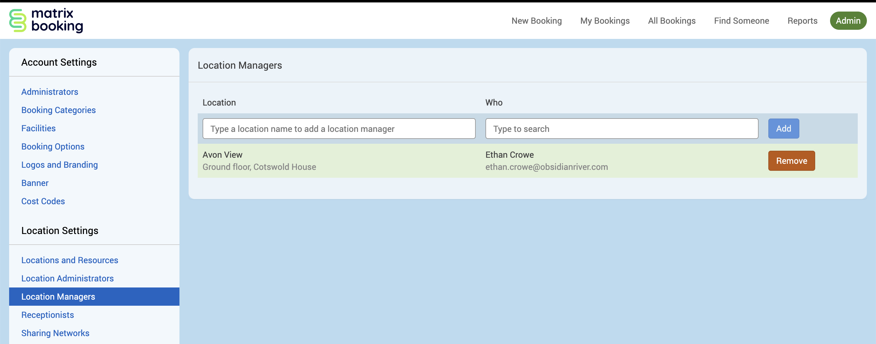 The Location managers screen with an example location and location manager entry