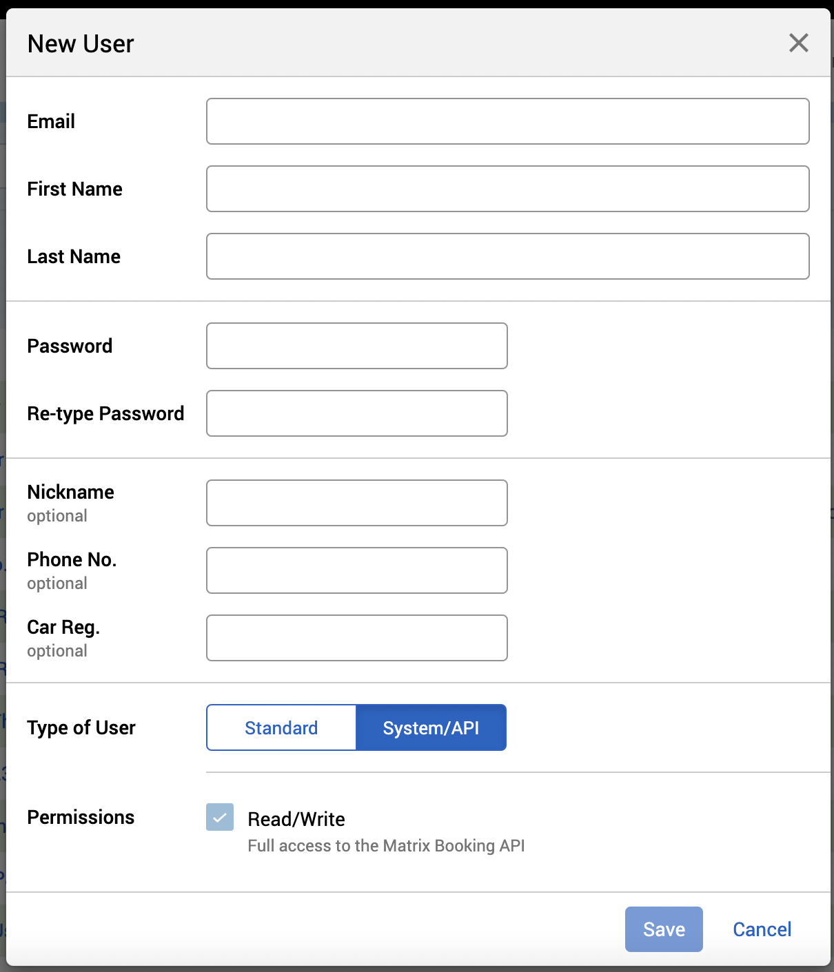 The New User pop-up with System-API user type selected