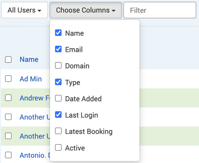 The Choose columns drop-down list with the name, email, type, and last login filters selected