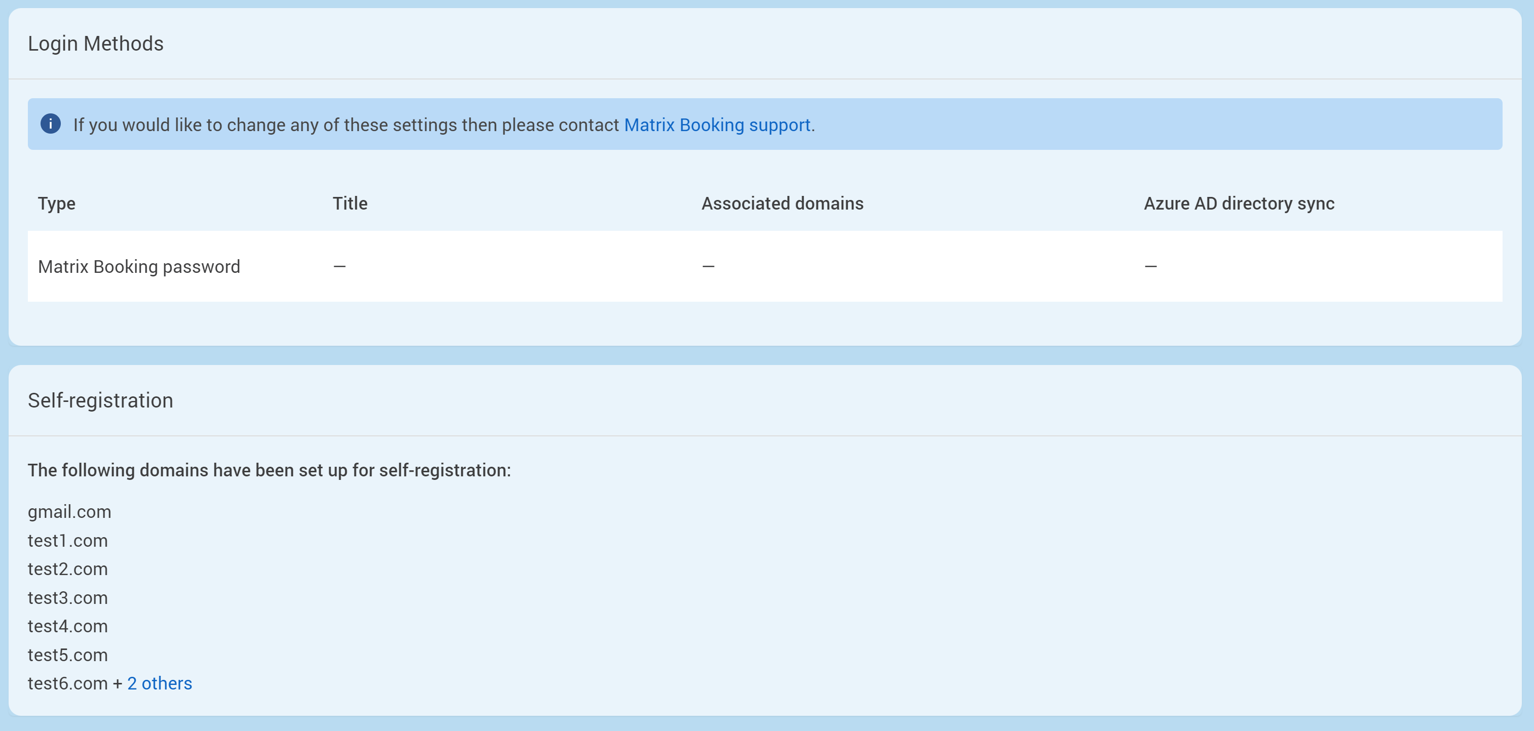 The self-registration section with an example list of domains set up for self-registration