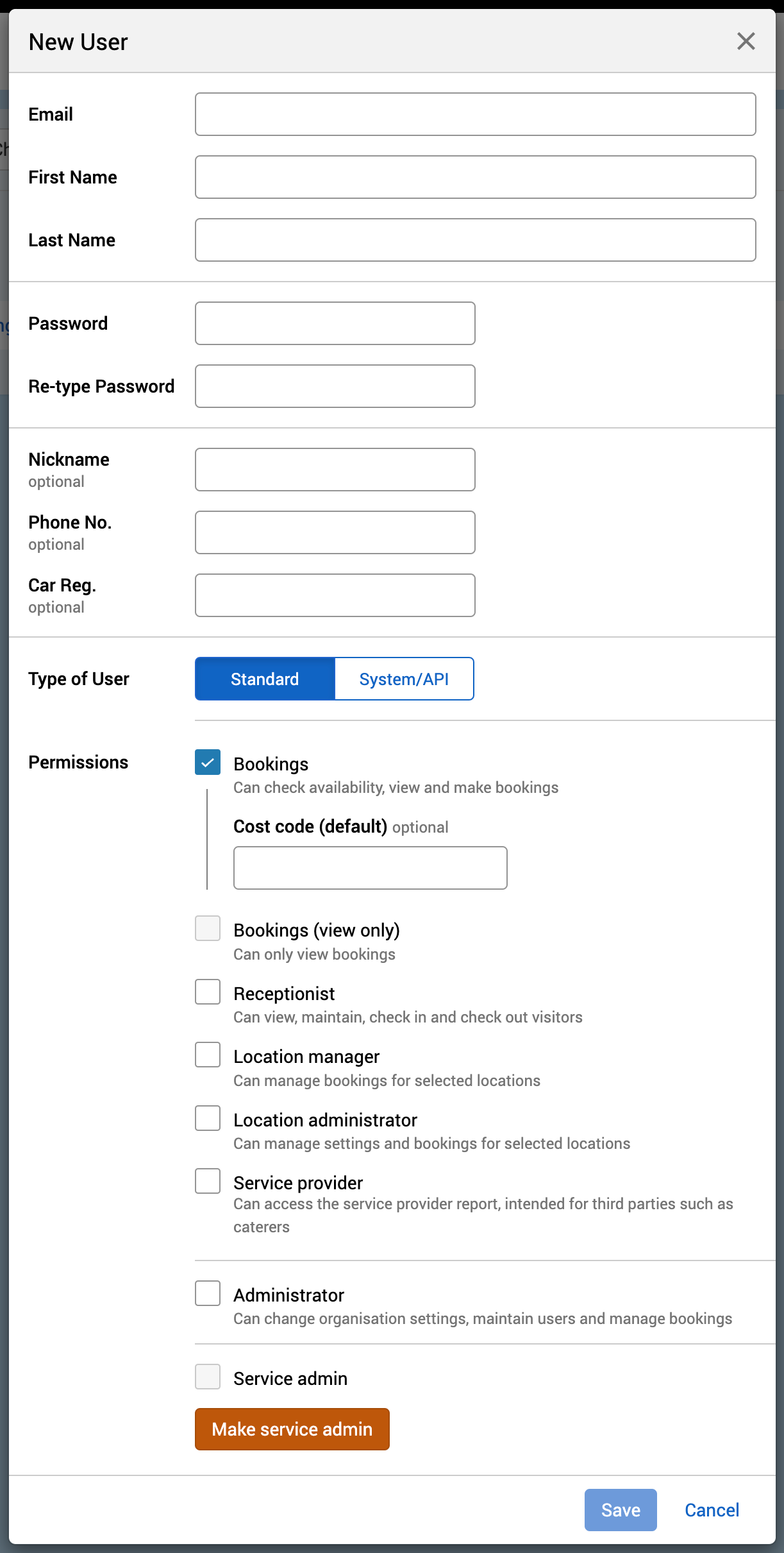 The New User pop-up with the bookings permission selected