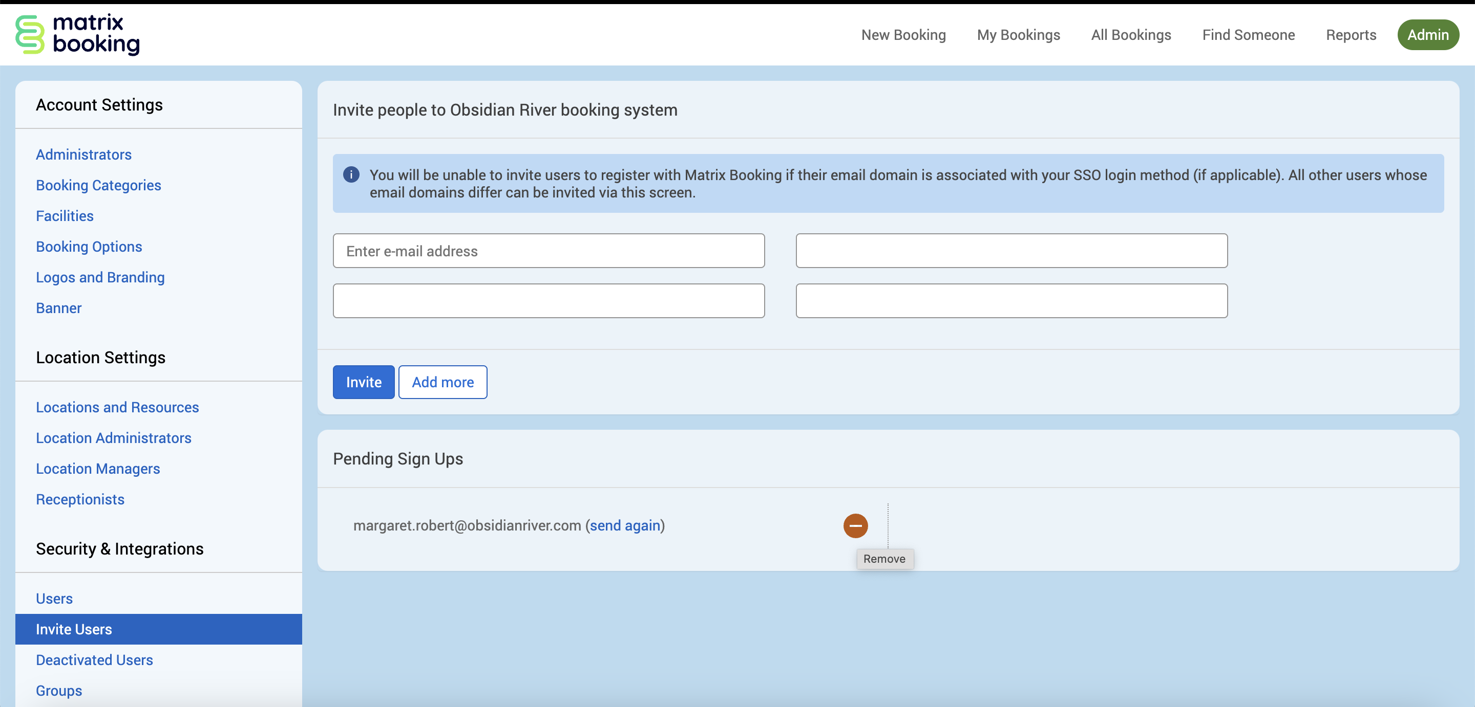 The Invite Users screen with an example user in the Pending Sign Ups section
