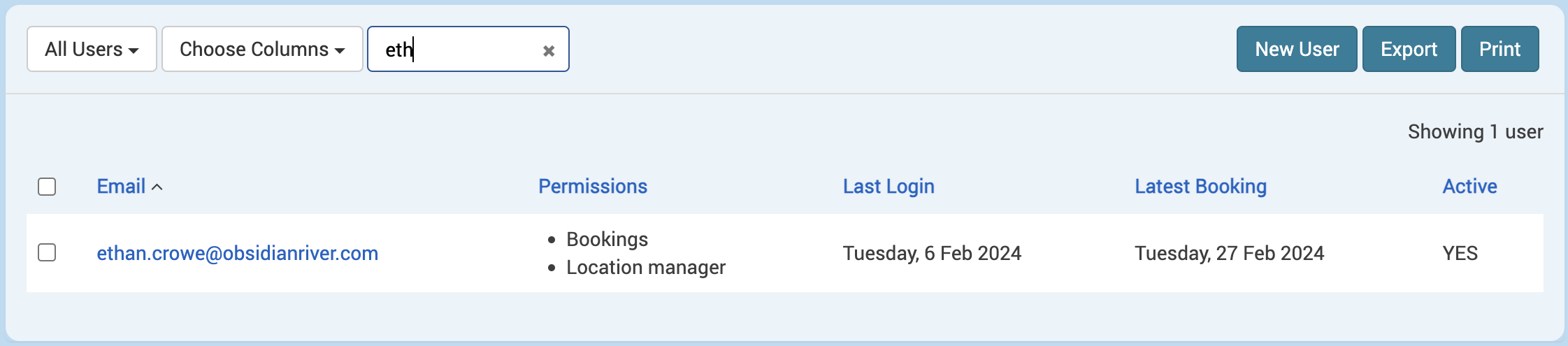 The Users screen with the filter text box filled in with a few letters to return 1 result