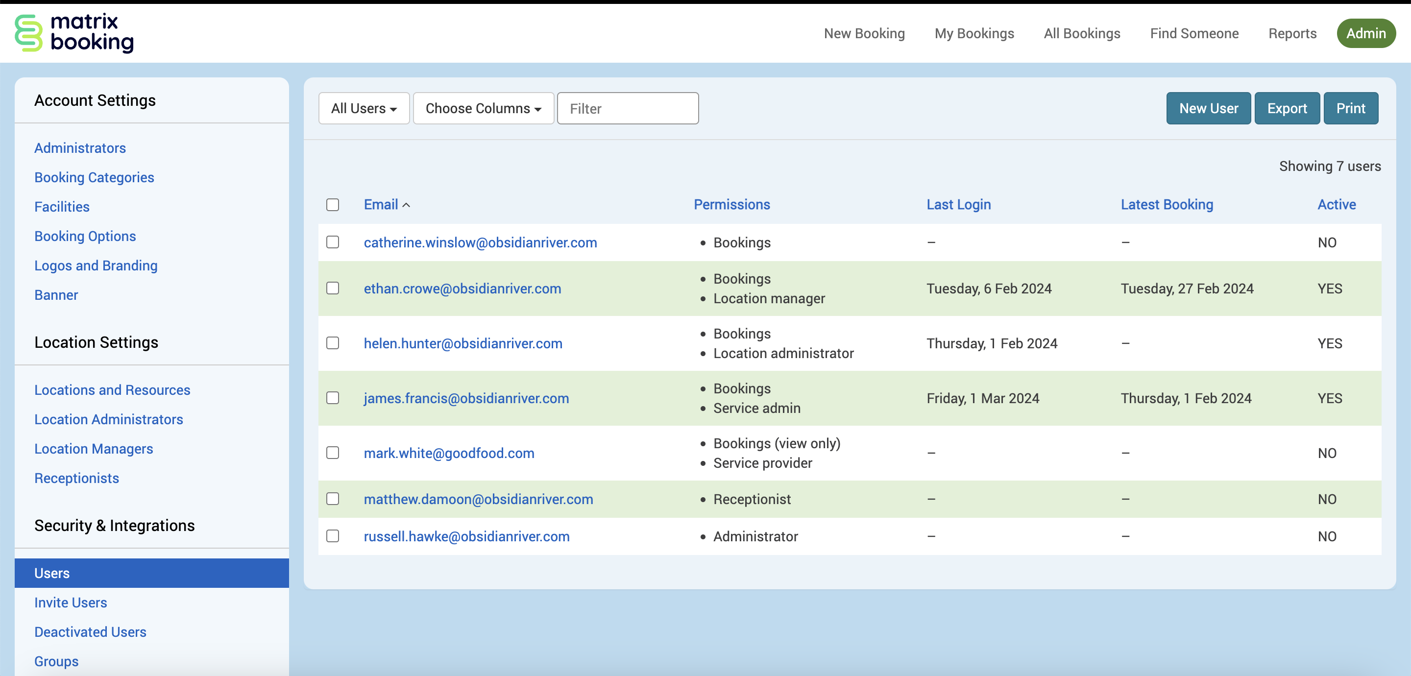 The Users screen with a list of example users