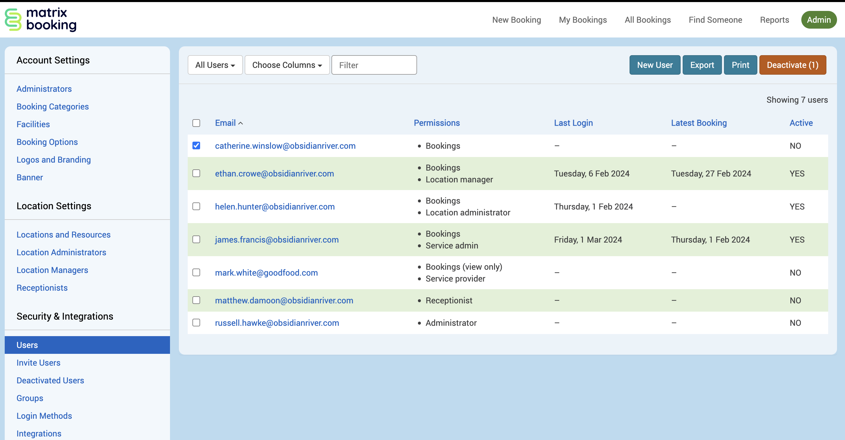 The users screen with a user's box ticked and the deactivate button highlighted