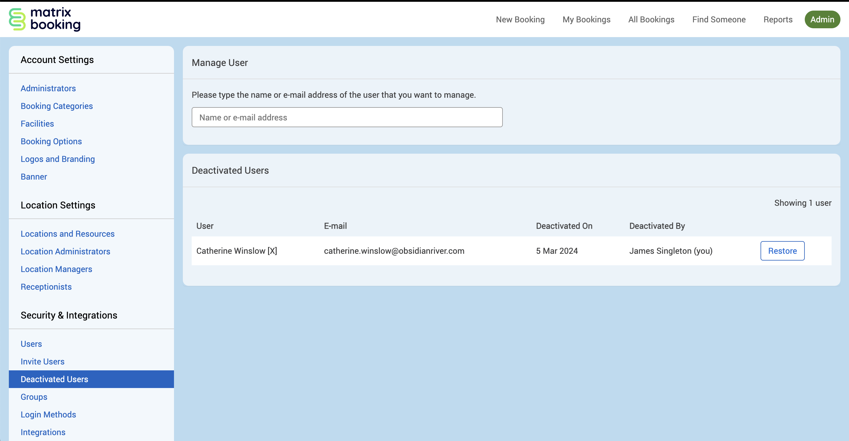 The Deactivated Users screen with an example deactivated user shown
