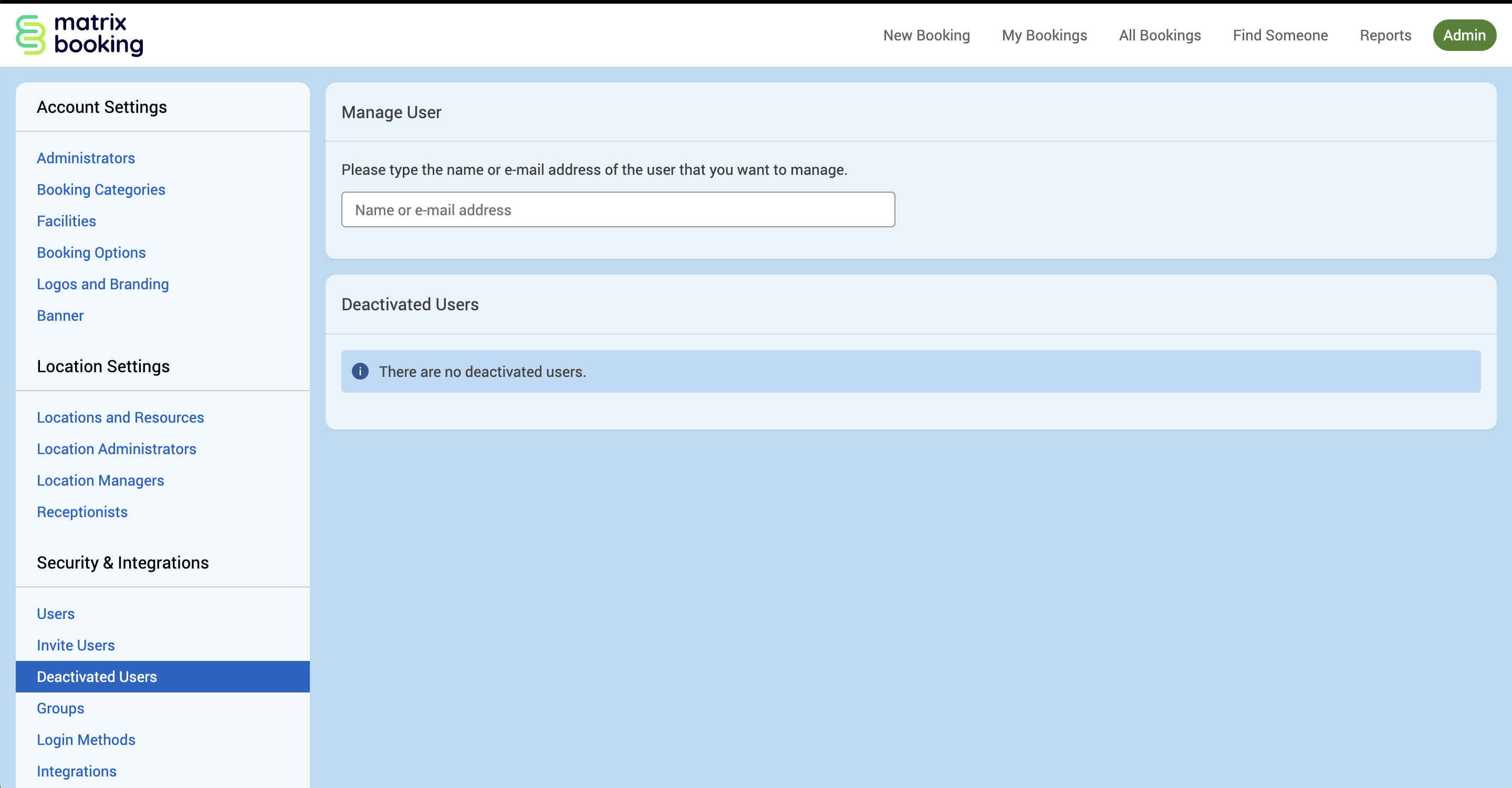 The Deactivated User screen with the example deactivated user and no longer on the screen as they've been restored 