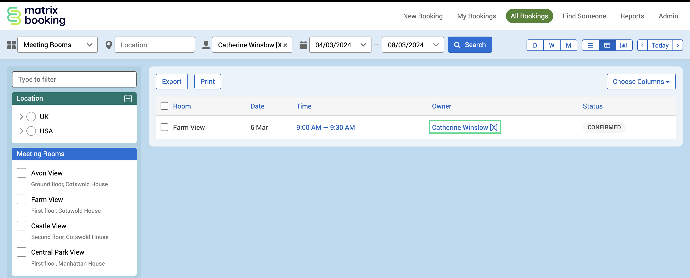 The All Bookings report with a booking for a deactivated user highlighted with an X