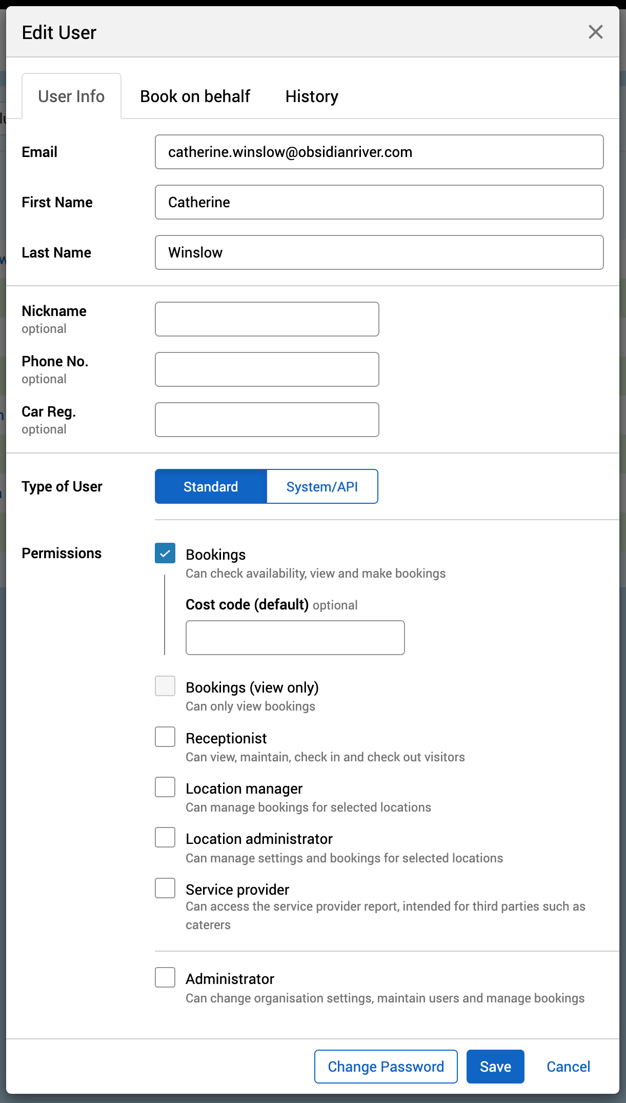The Edit User pop-up for an example user