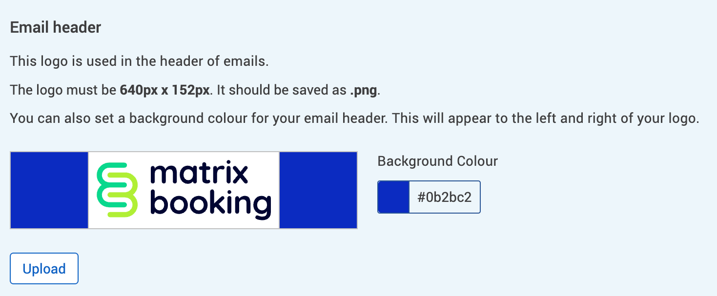 The email header section with the uploaded email header and blue background shown