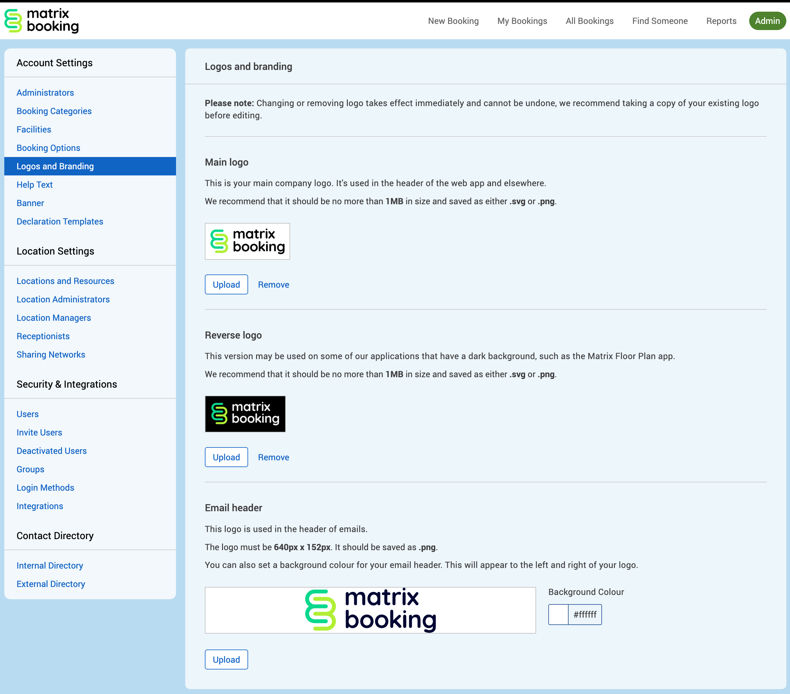 The logos and branding screen with the main logo, reverse logo, and email header sections