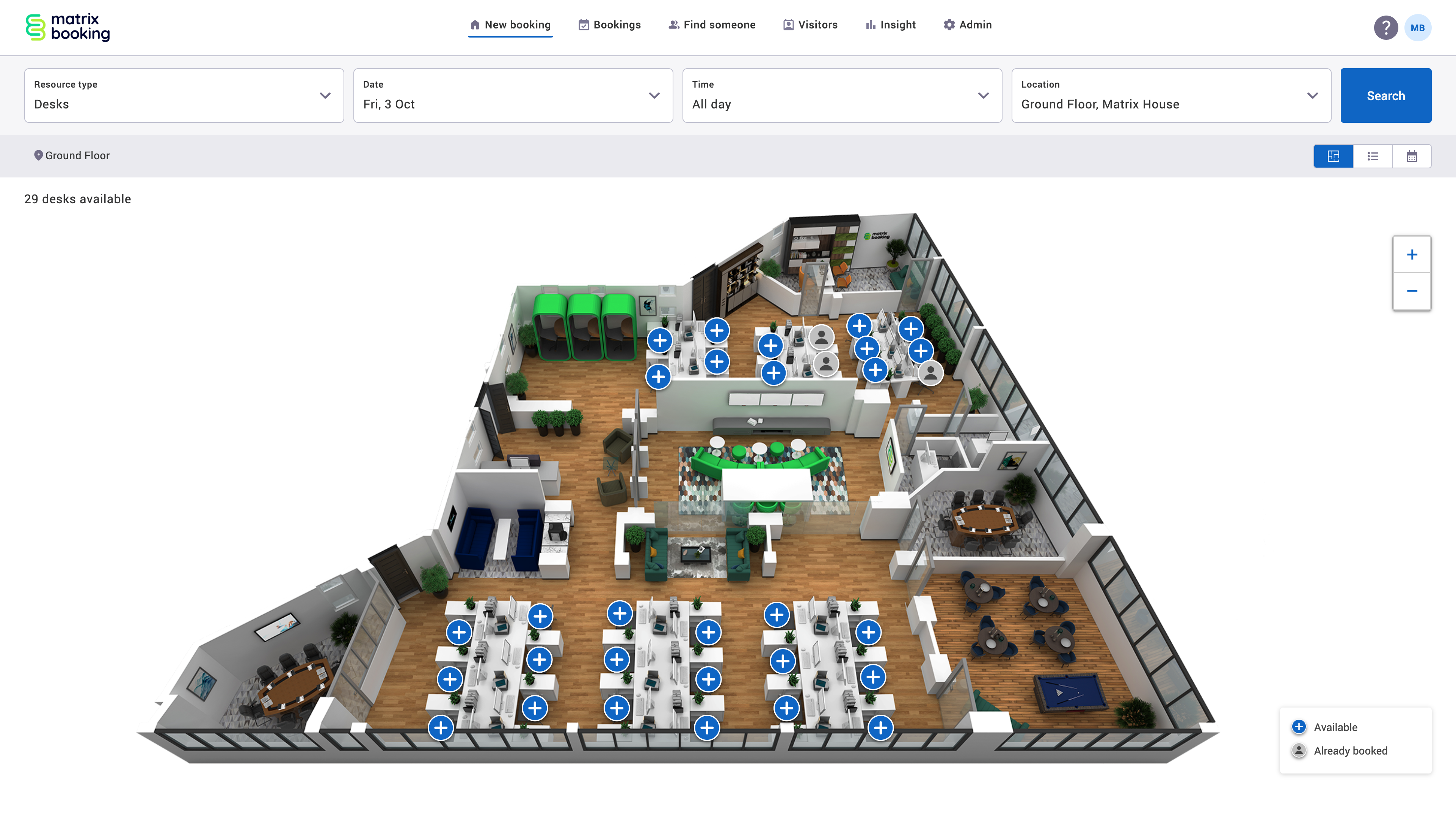 Redesigned view as floor plan search results on the new booking screen.