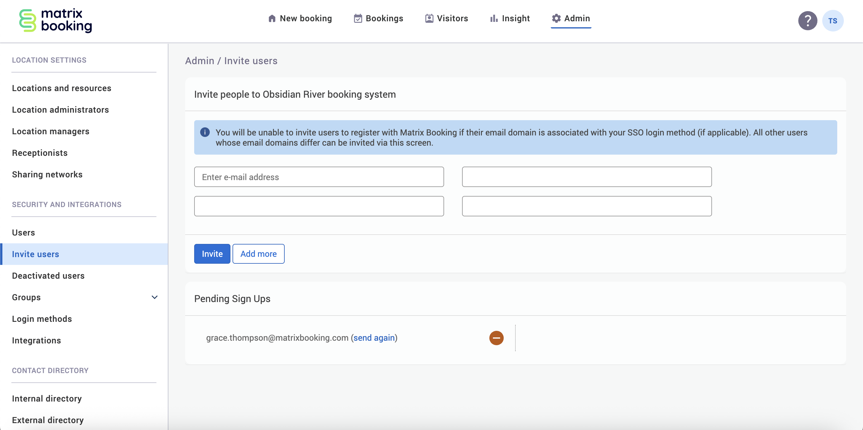 Invite users page with an example user pending sign up after being invited.