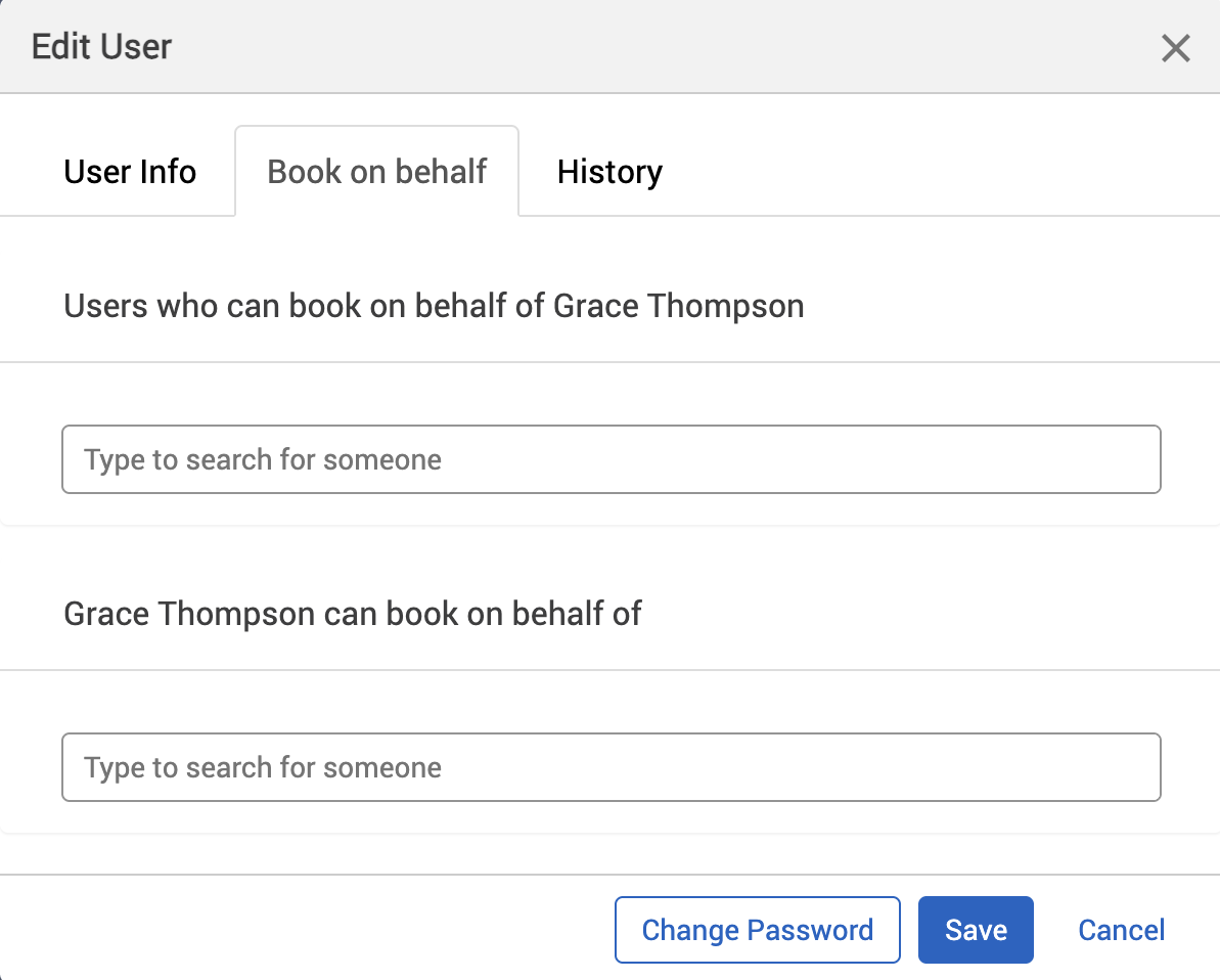 Edit User pop-up with the Book on behalf selected for an example user.