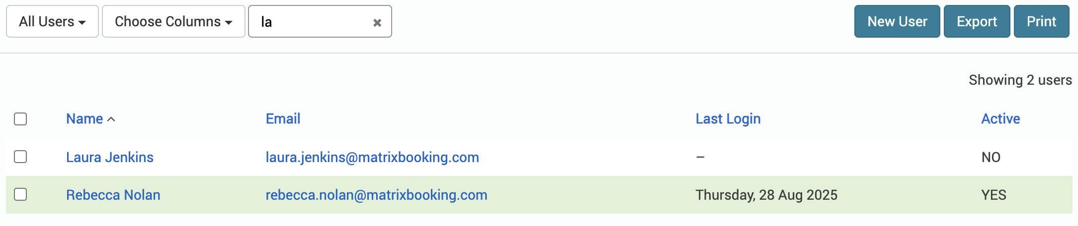 The filter text box has L.A. filled in and reduced the list of users reduced to 2 entries.