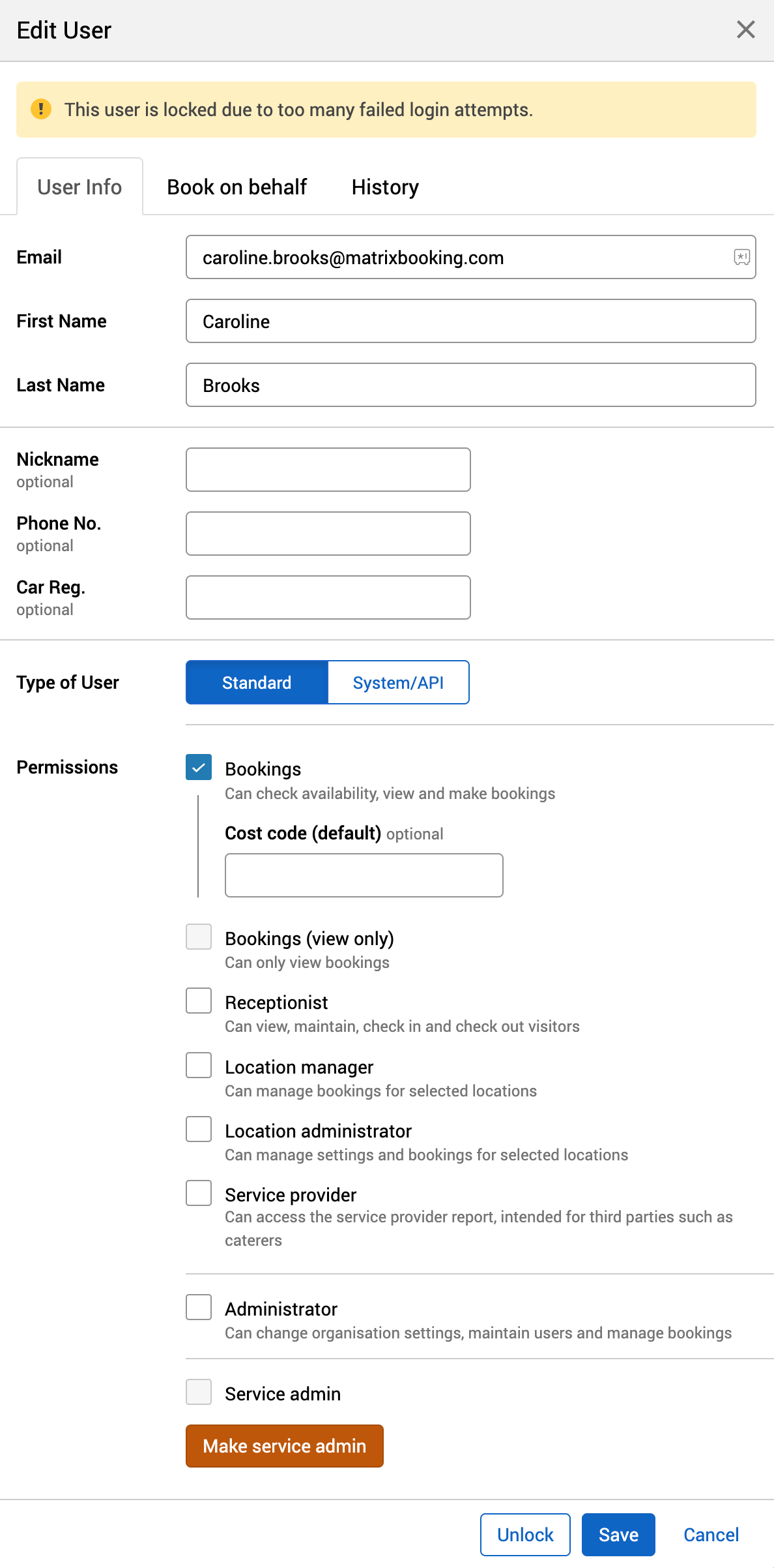 Edit user pop-up with the failed login attempts warning and the unlock button. 