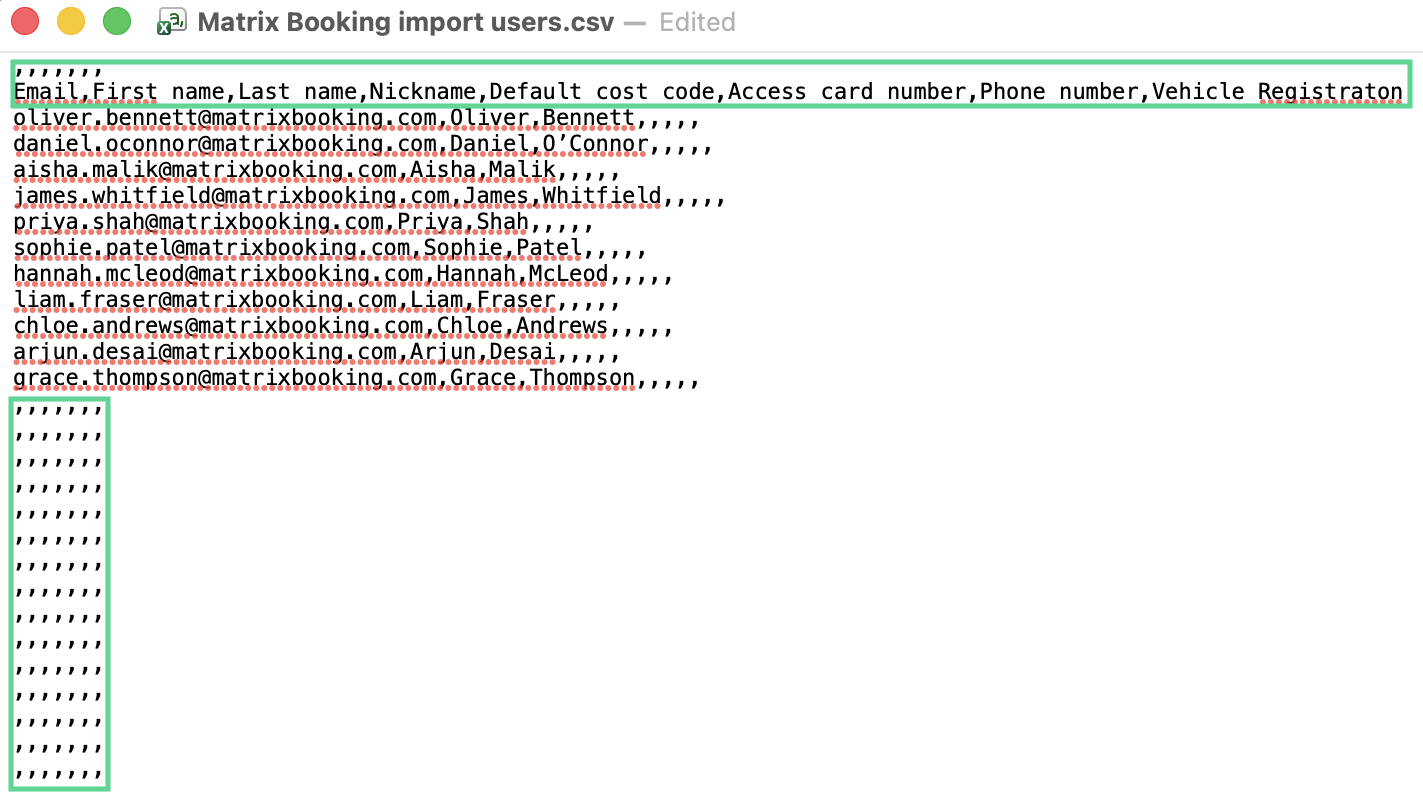 The CSV file opened in a text editor.