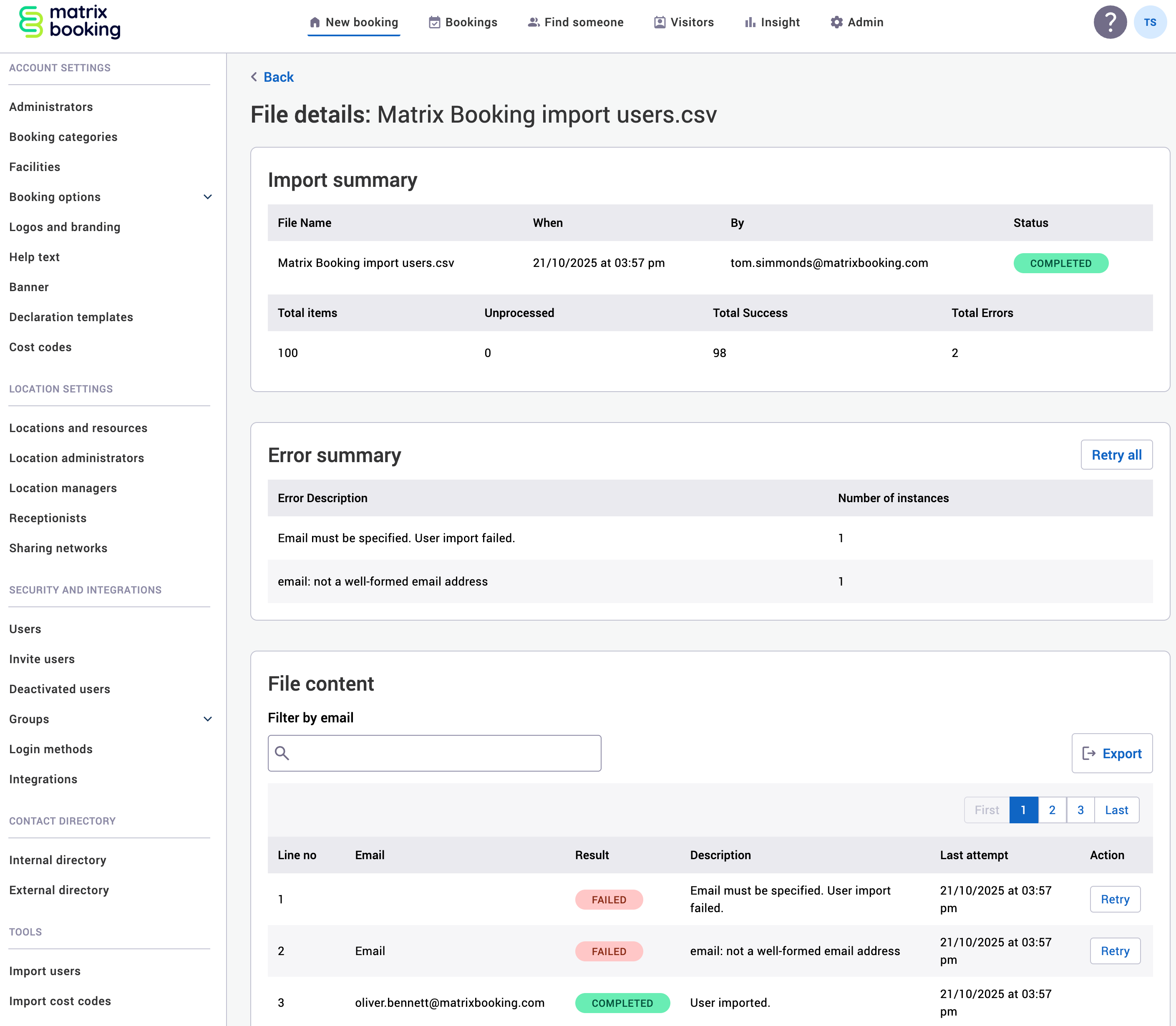 Import users file upload report screen.