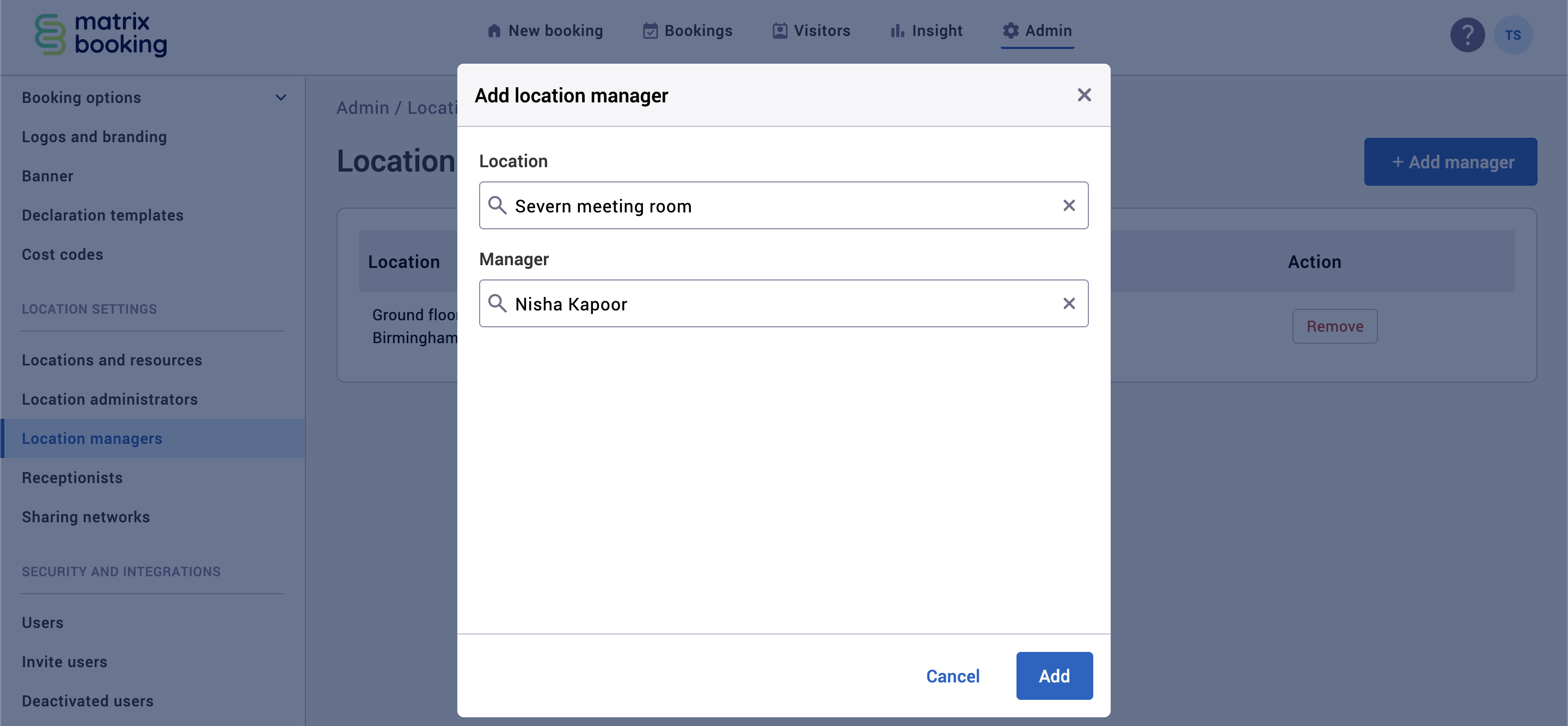 Add location manager pop-up with an example location and location manager filled in.