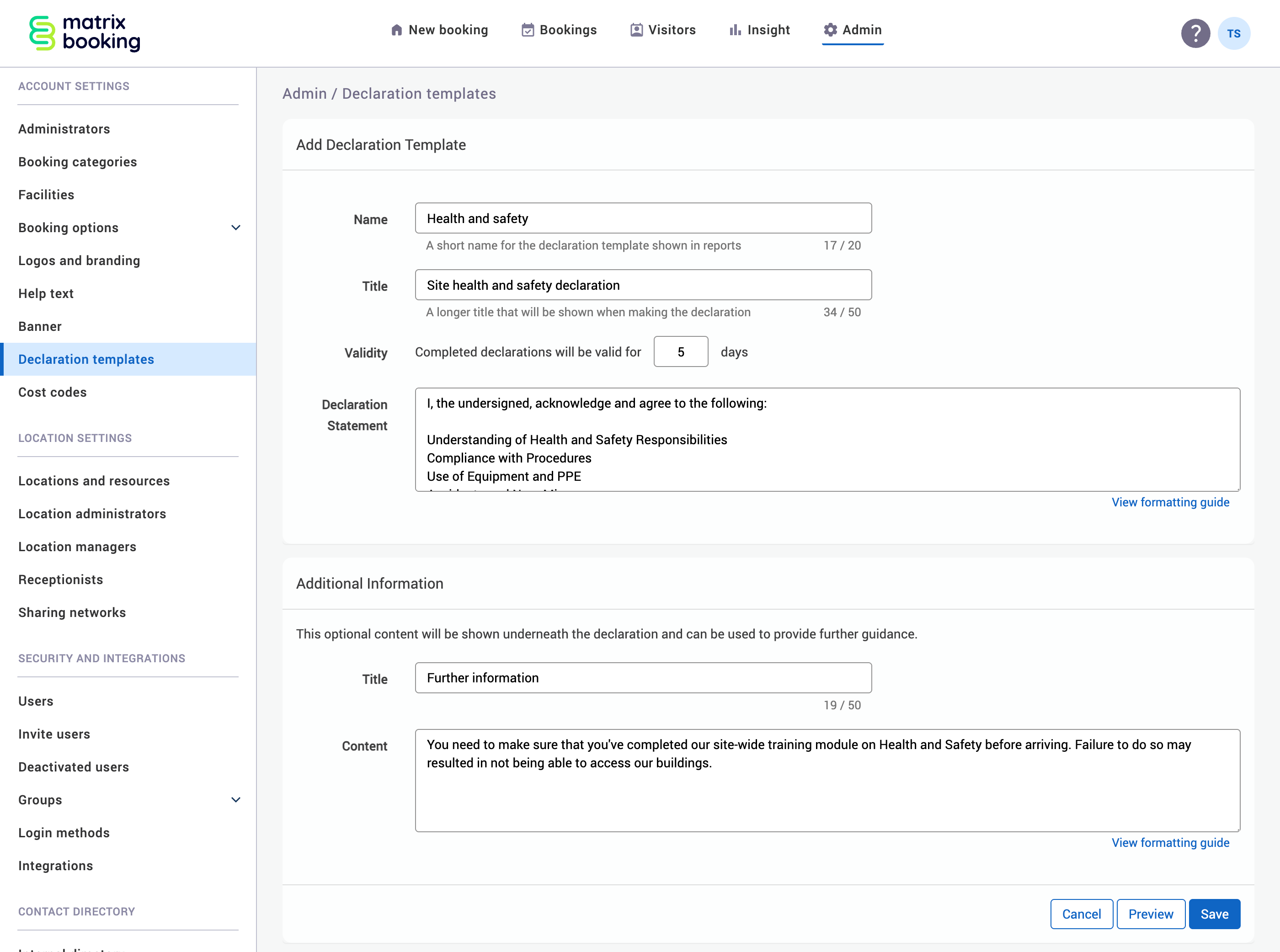 An example declaration template with all the fields completed.