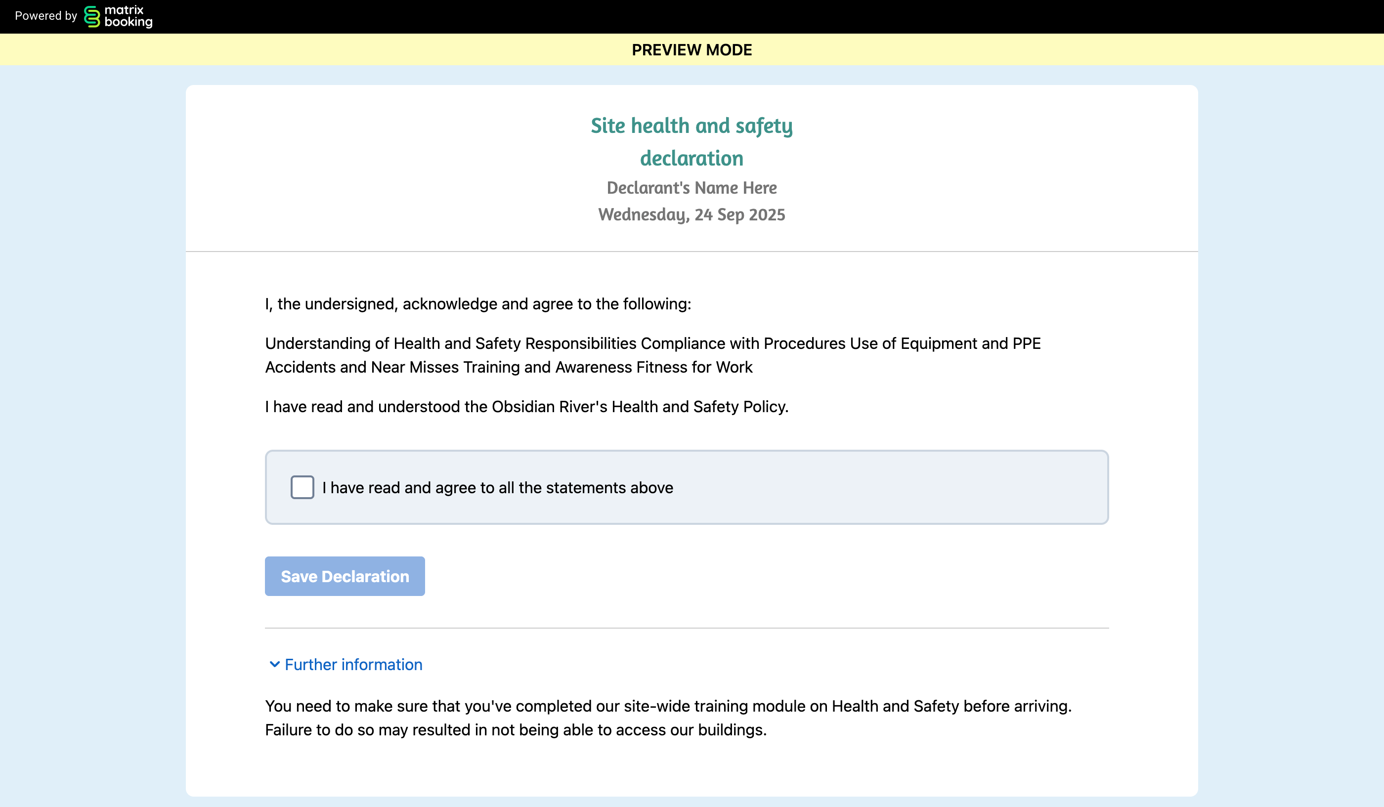 An example declaration template in preview mode.