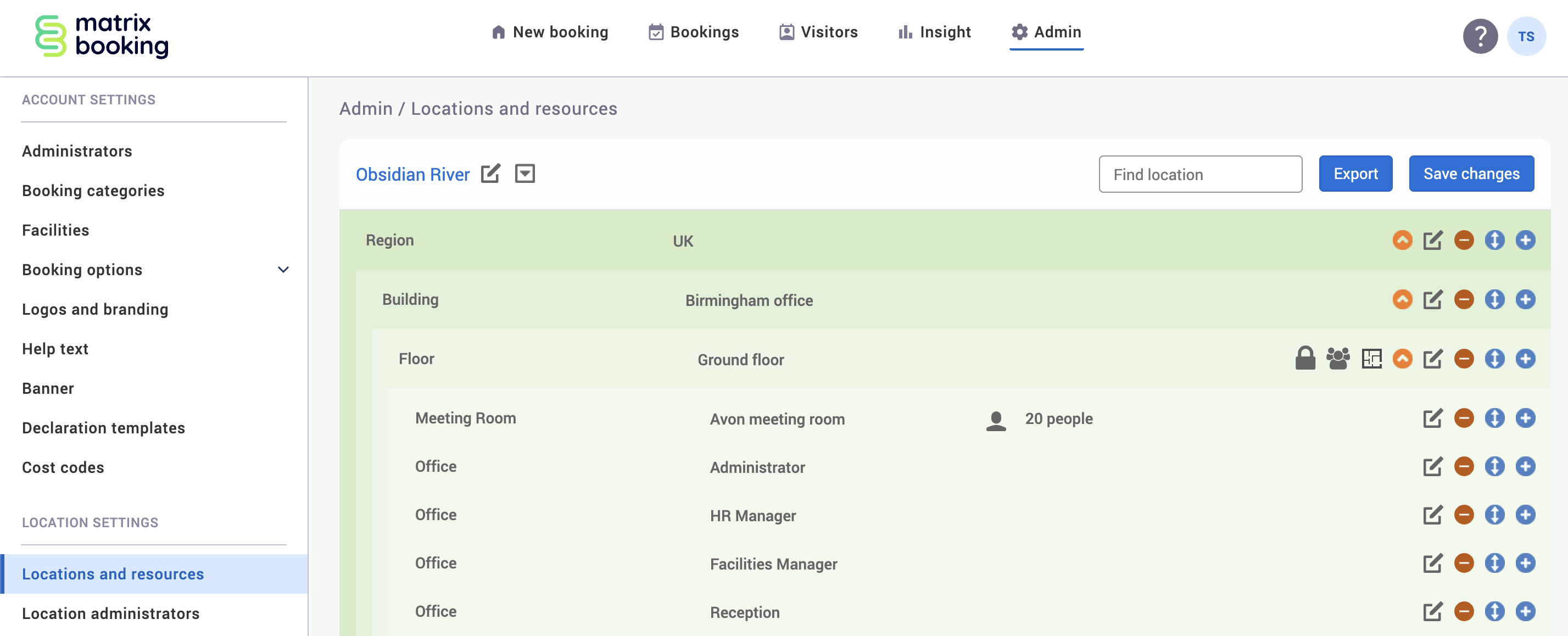 Locations and resources hierarchy on the locations and resources screen.