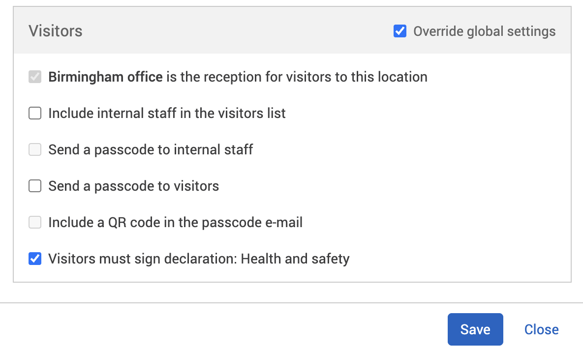 Visitors section in the settings tab of the Edit location pop-up.