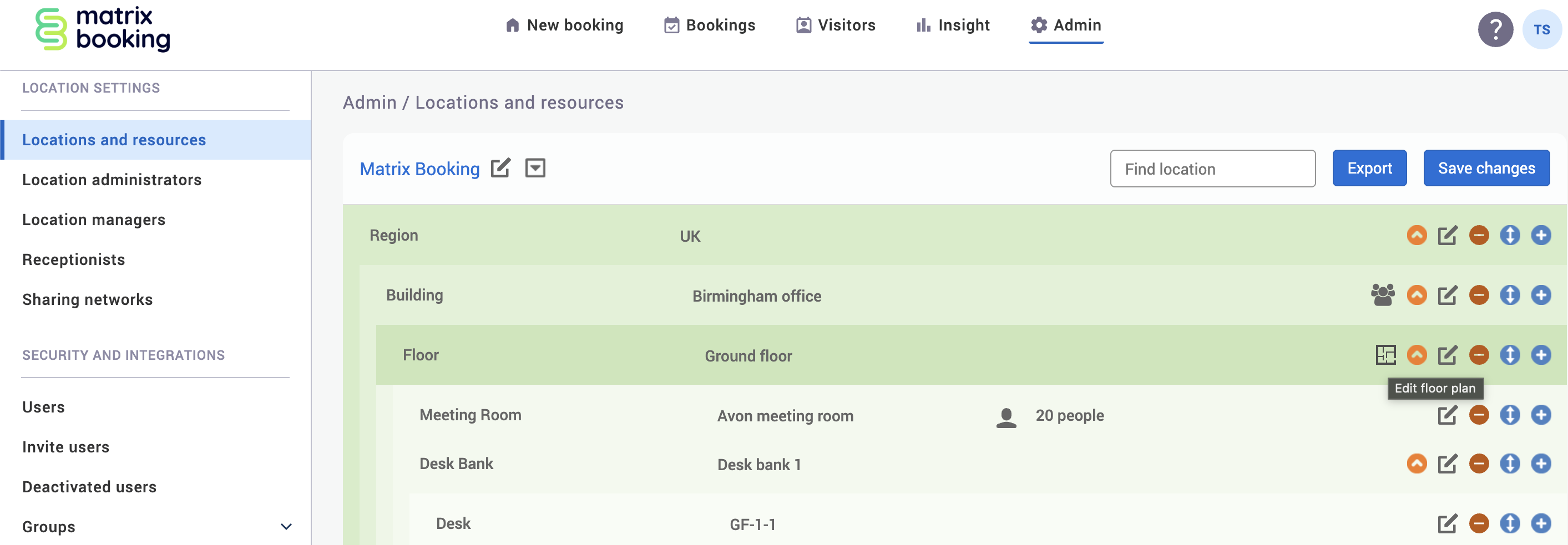 Locations and resources hierarchy with the edit floor plan button next to a floor with a floor plan attached.