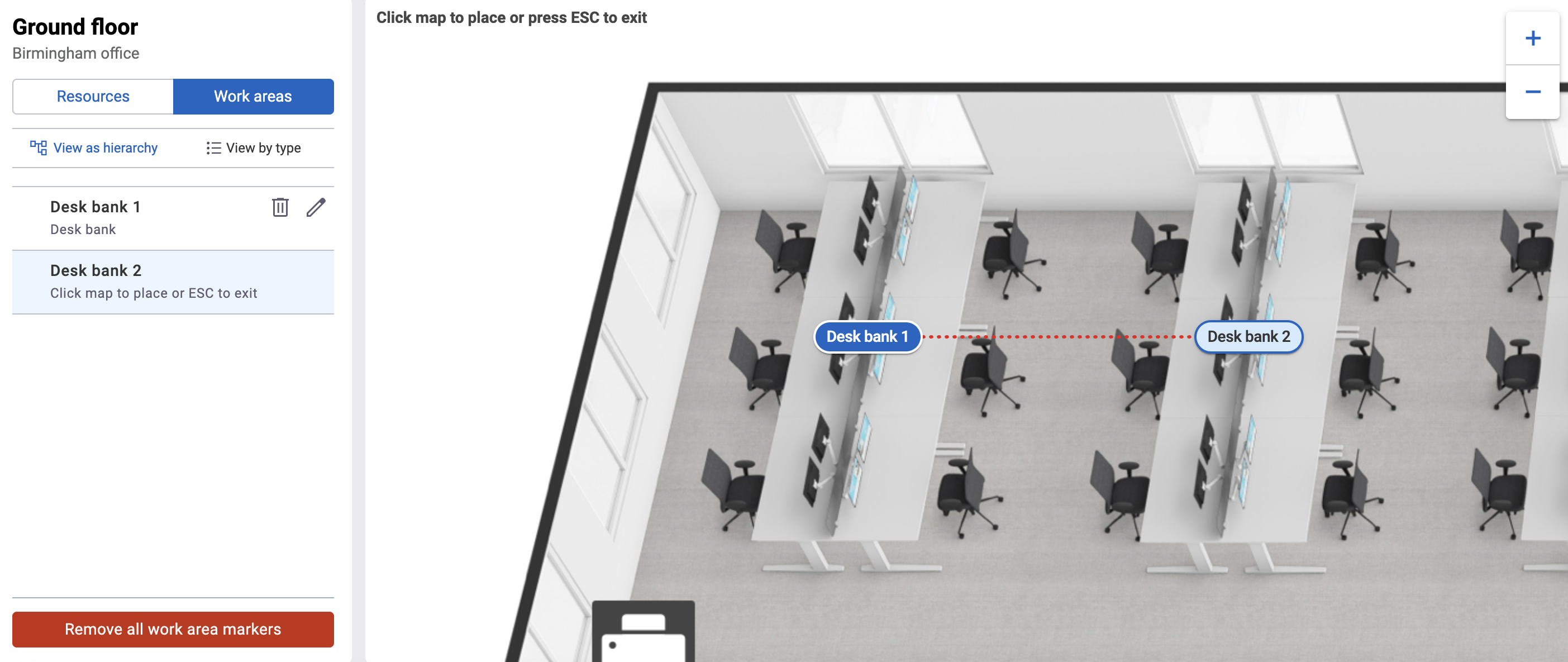 Work area markers with the alignment lines shown on an example floor plan.