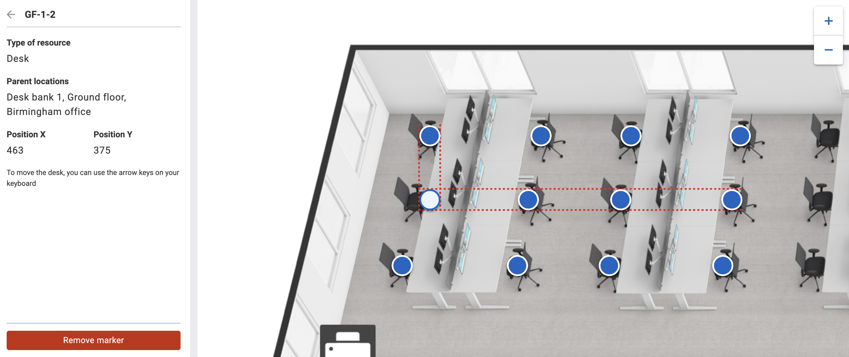Edited resource marker with alignment lines shown on an example floor plan.