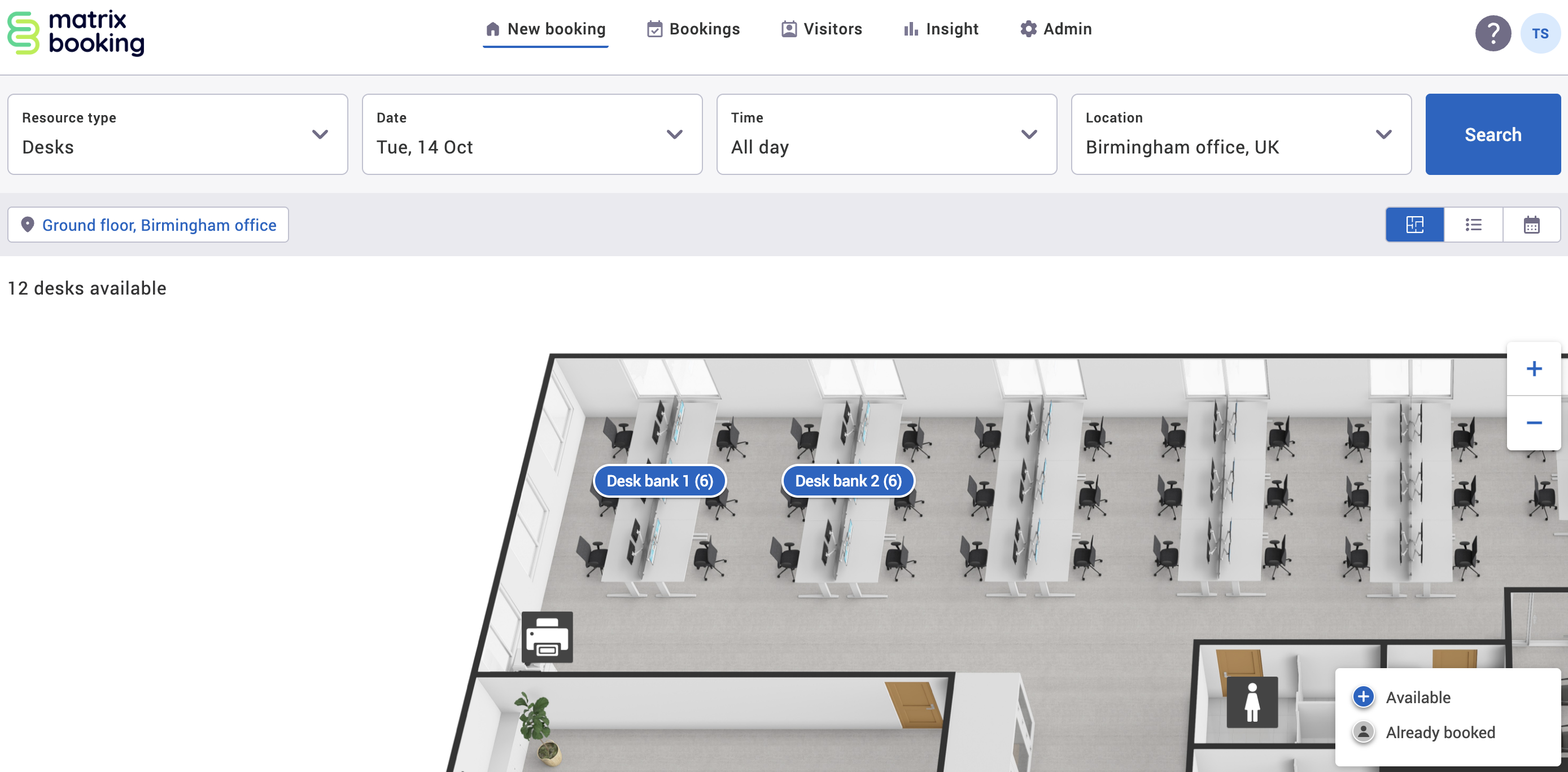 Floor plan view of a new booking with example work areas shown.