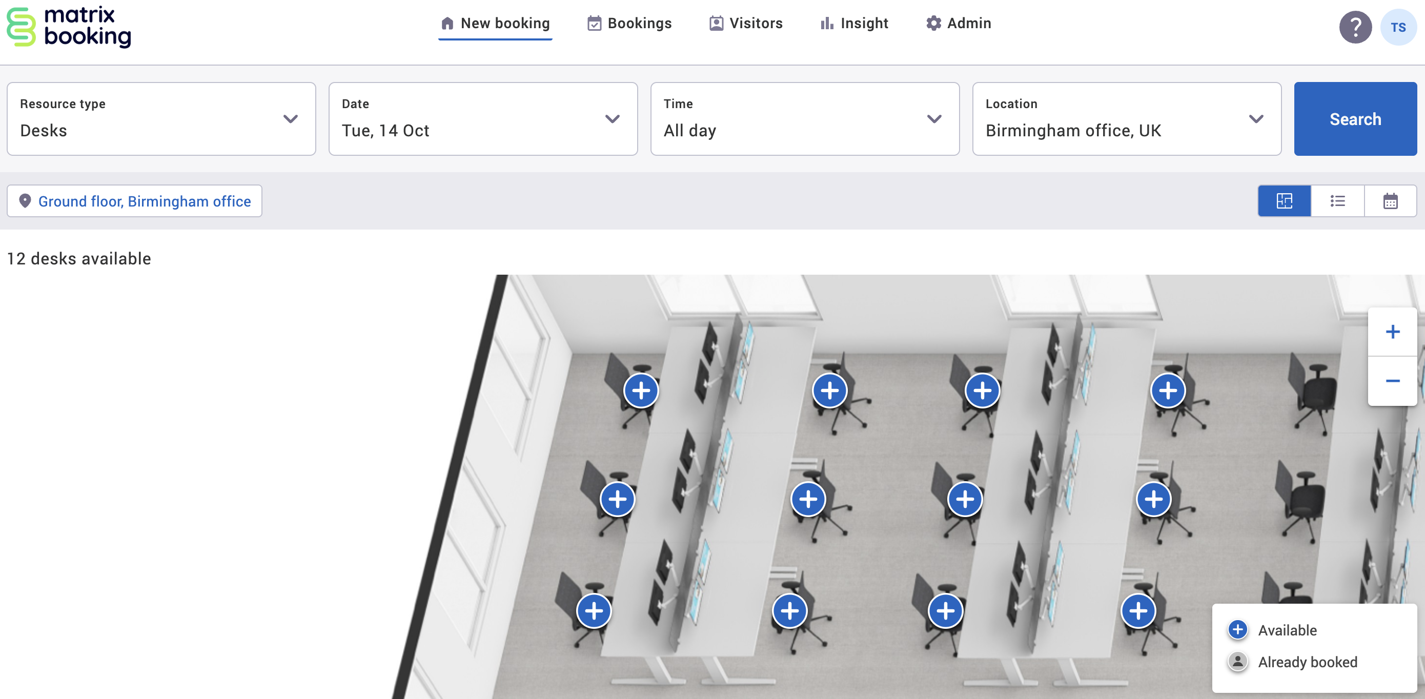 Zoomed in floor plan view of a new booking with example resources shown.