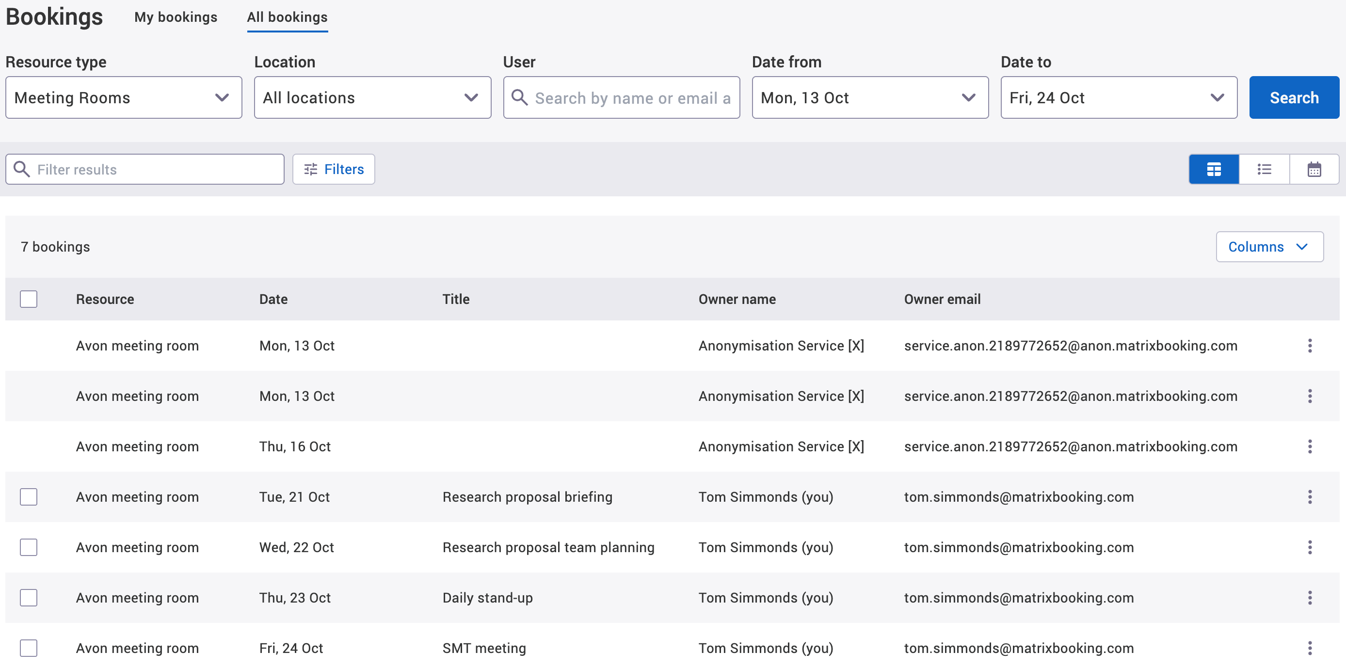 All bookings tab with some bookings being anonymised.