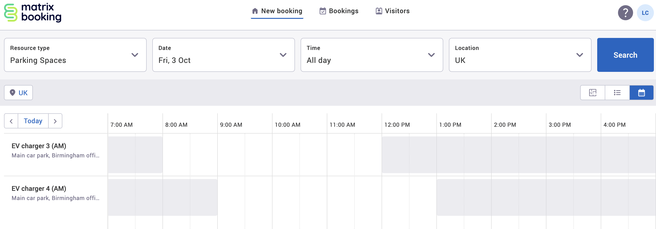 EV chargers 3 and 4 displayed on the view as schedule view in the new booking screen.