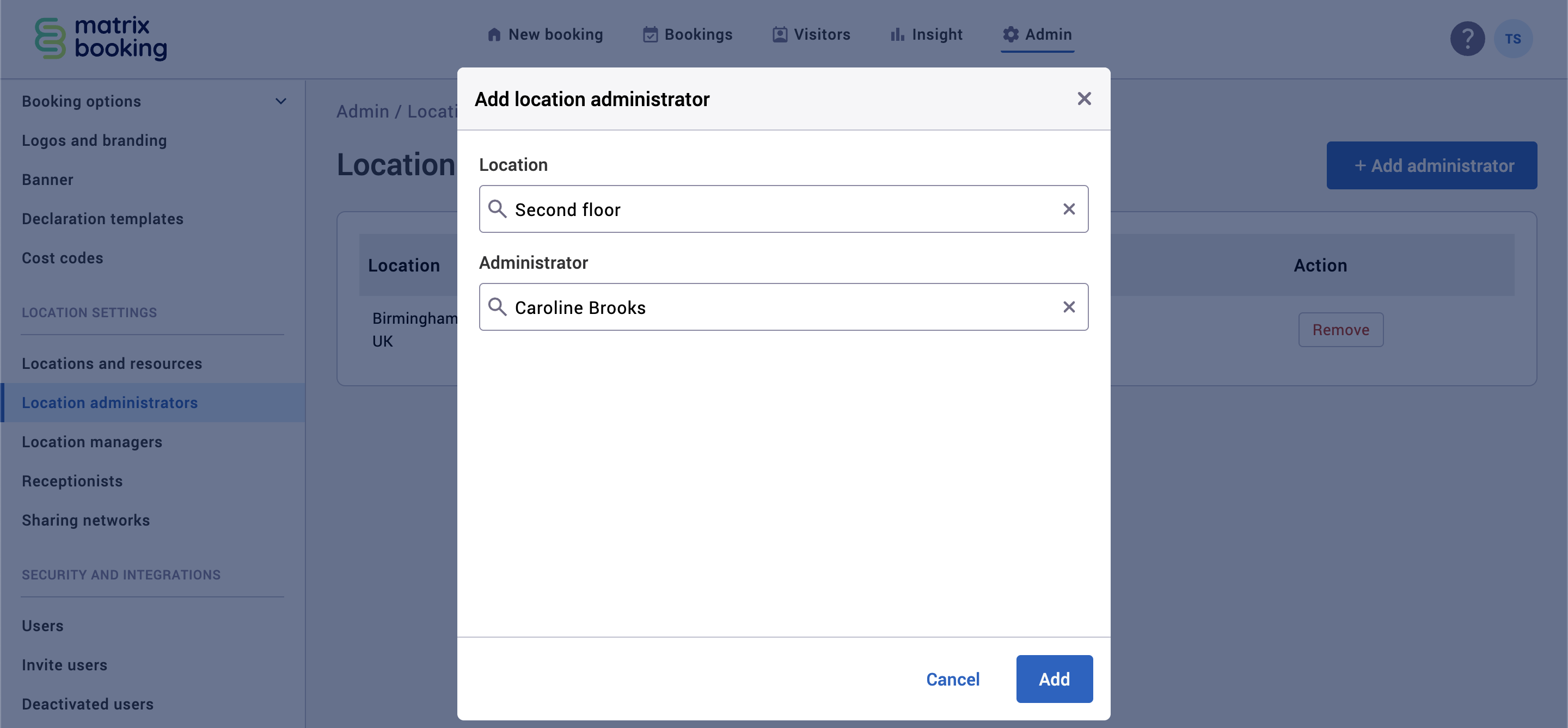 Add location administrator pop-up with an example location and location administrator filled in.
