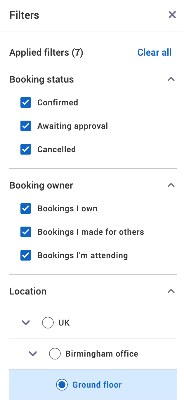 Filters side menu.