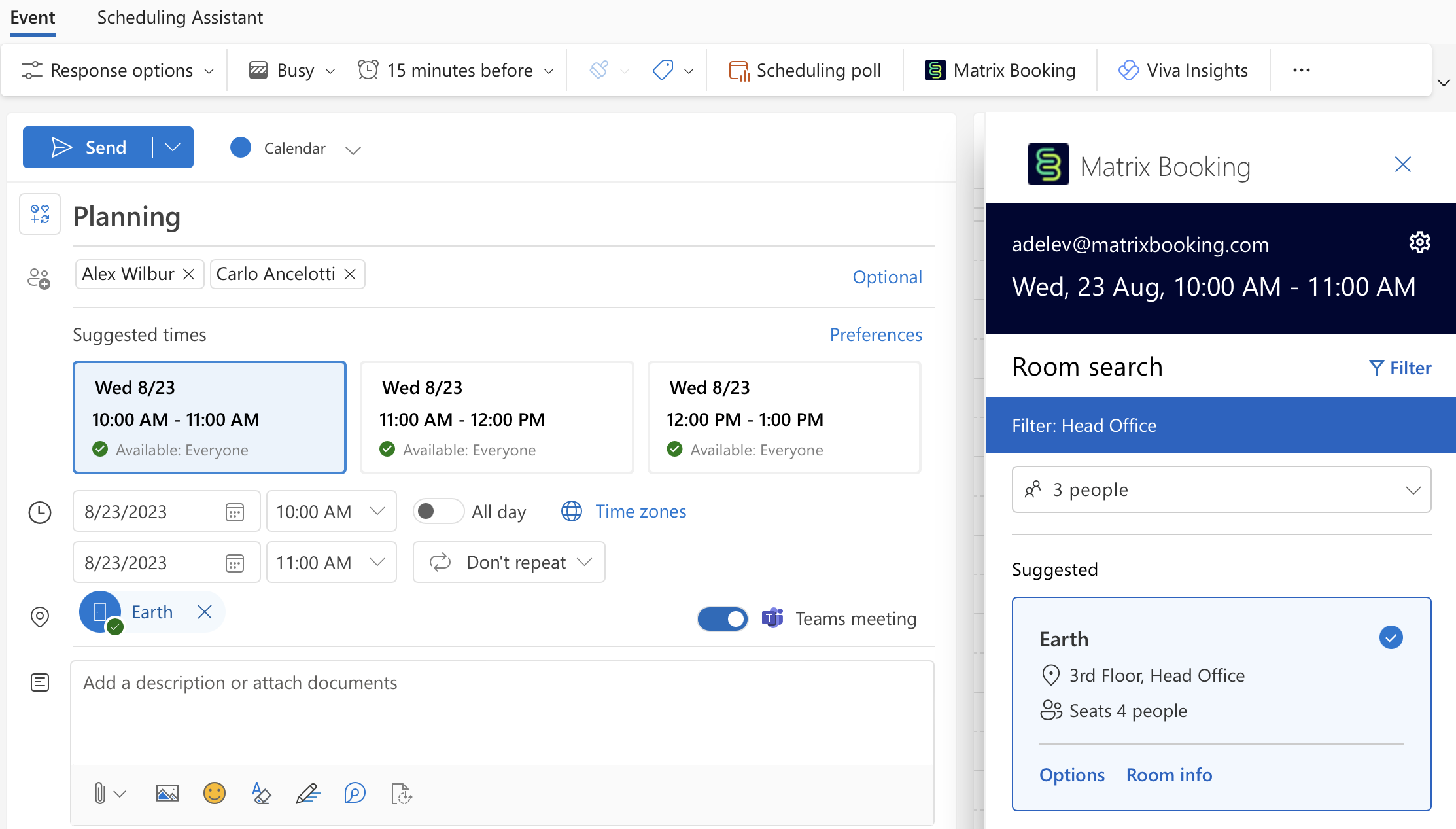 Example booking in our Microsoft 365 add-in.