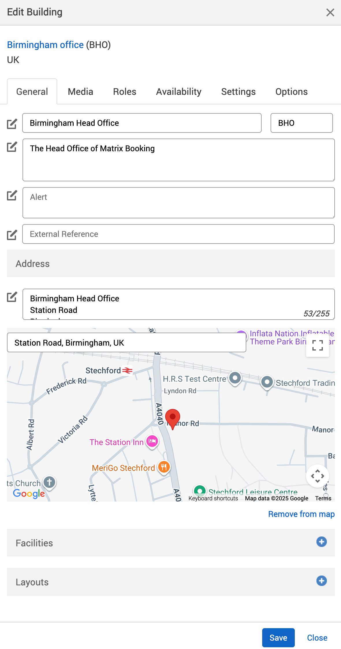 Edit Building pop-up with example details added and the address completed aided by Google Maps.