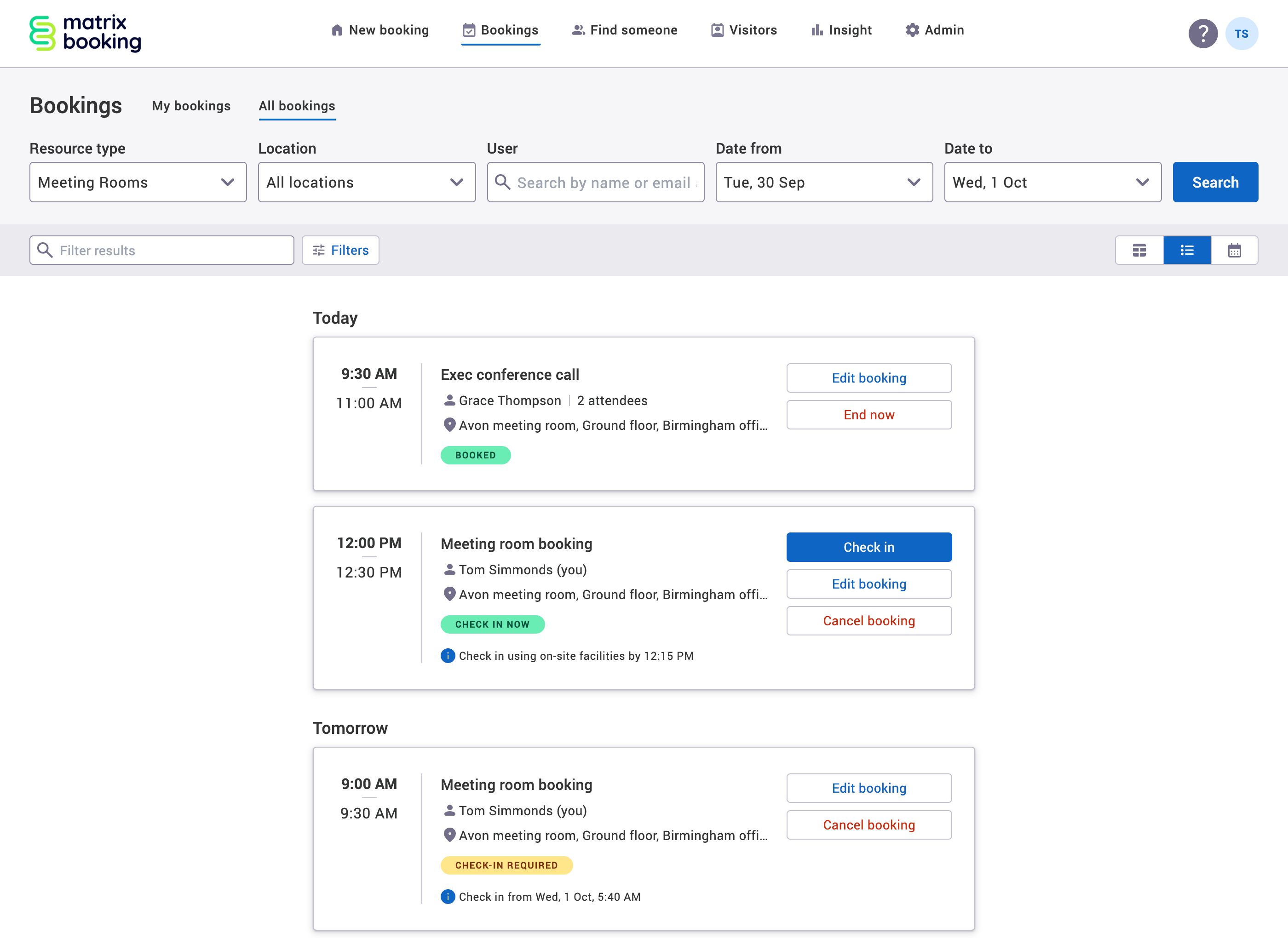 Bookings that have been or need to be checked in on the All bookings screen.