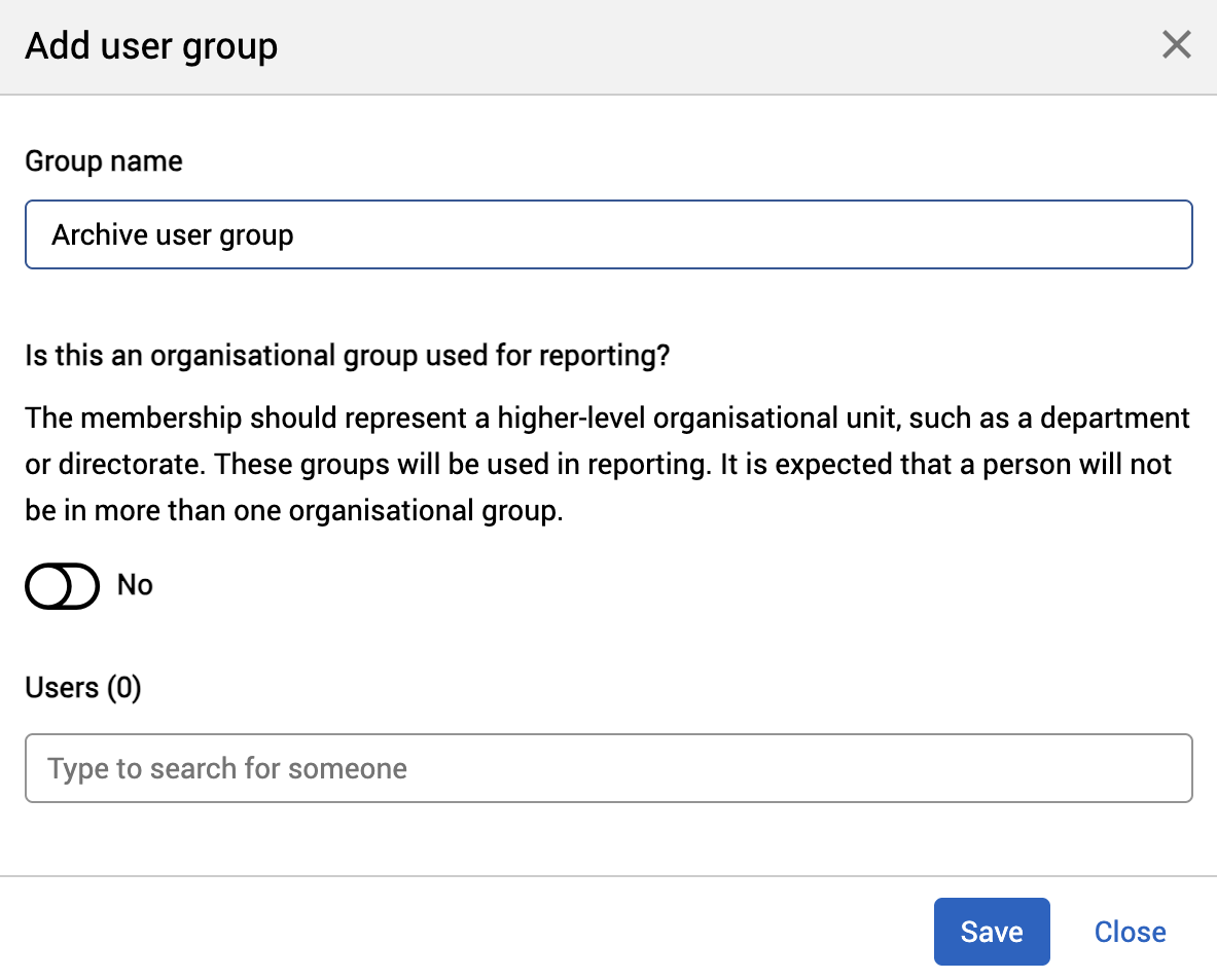 Add user group dialog with the group name archive user group.